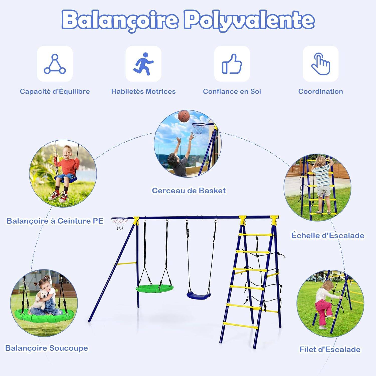5 en 1 Balançoire Enfants Extérieur avec Panier de Basket, Charge 75kg - Image 2