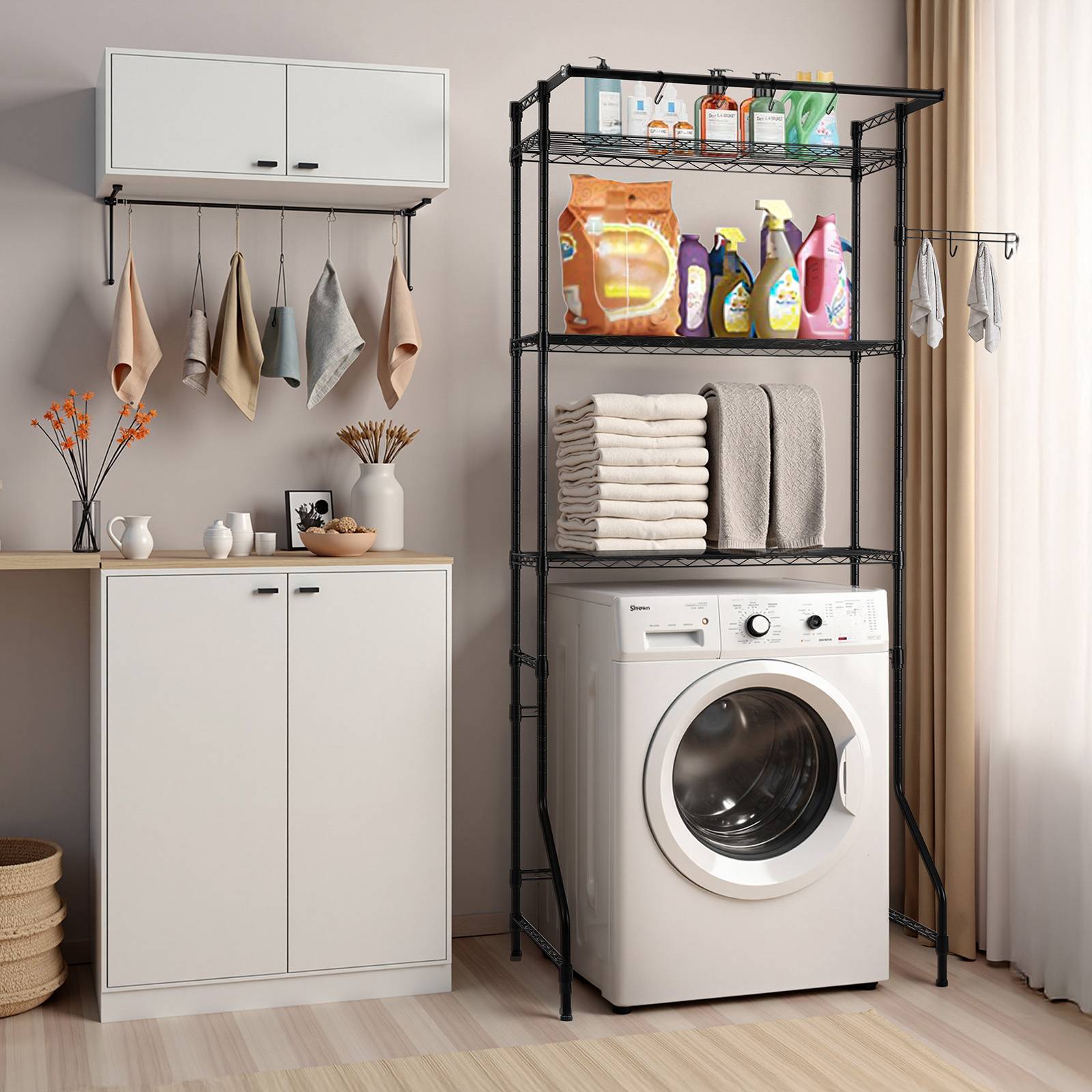VEVOR Étagère rangement lave-linge/sèche-linge 3 niveaux, étendoir, gain place, noir. - Image 8