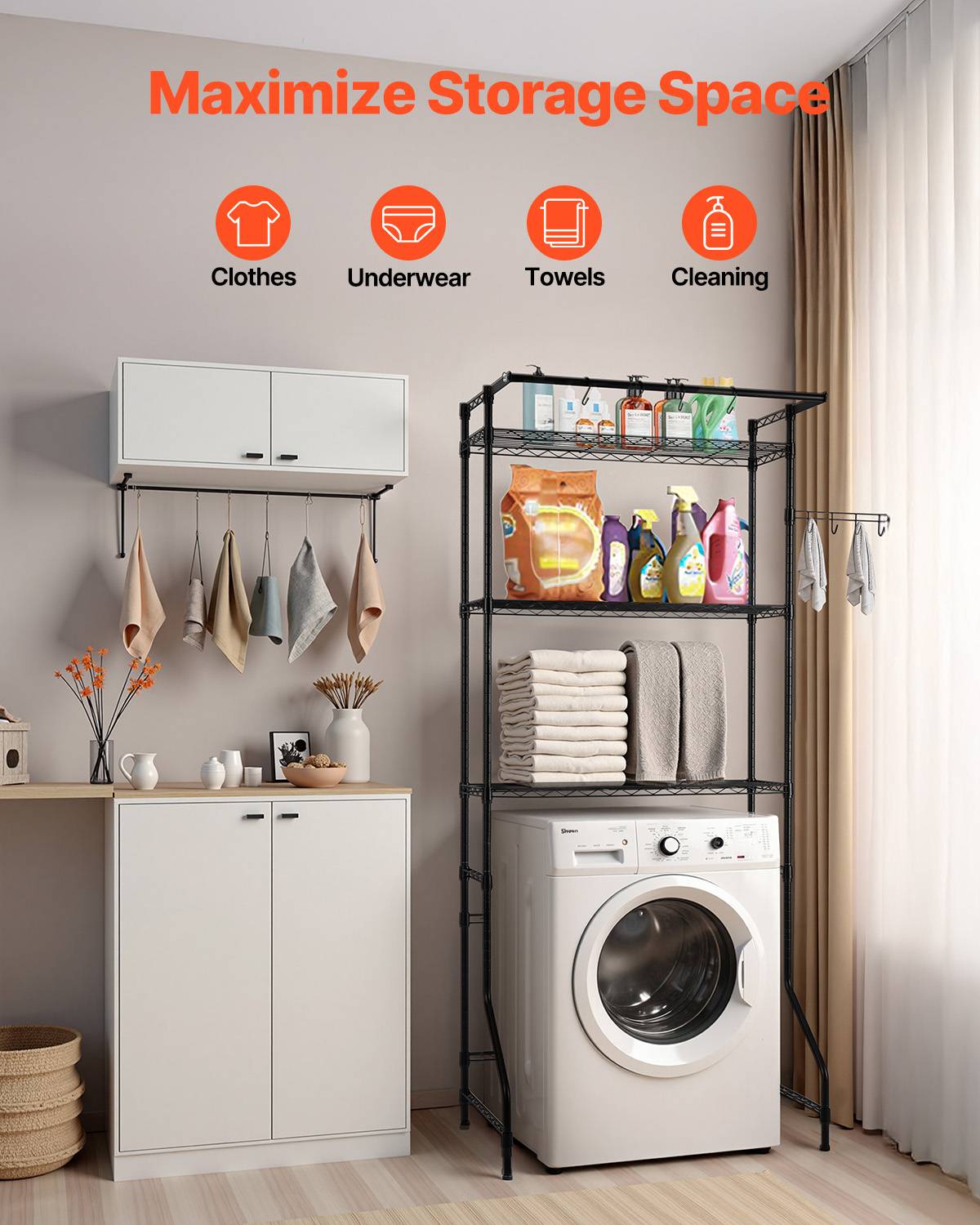 VEVOR Étagère rangement lave-linge/sèche-linge 3 niveaux, étendoir, gain place, noir. - Image 3