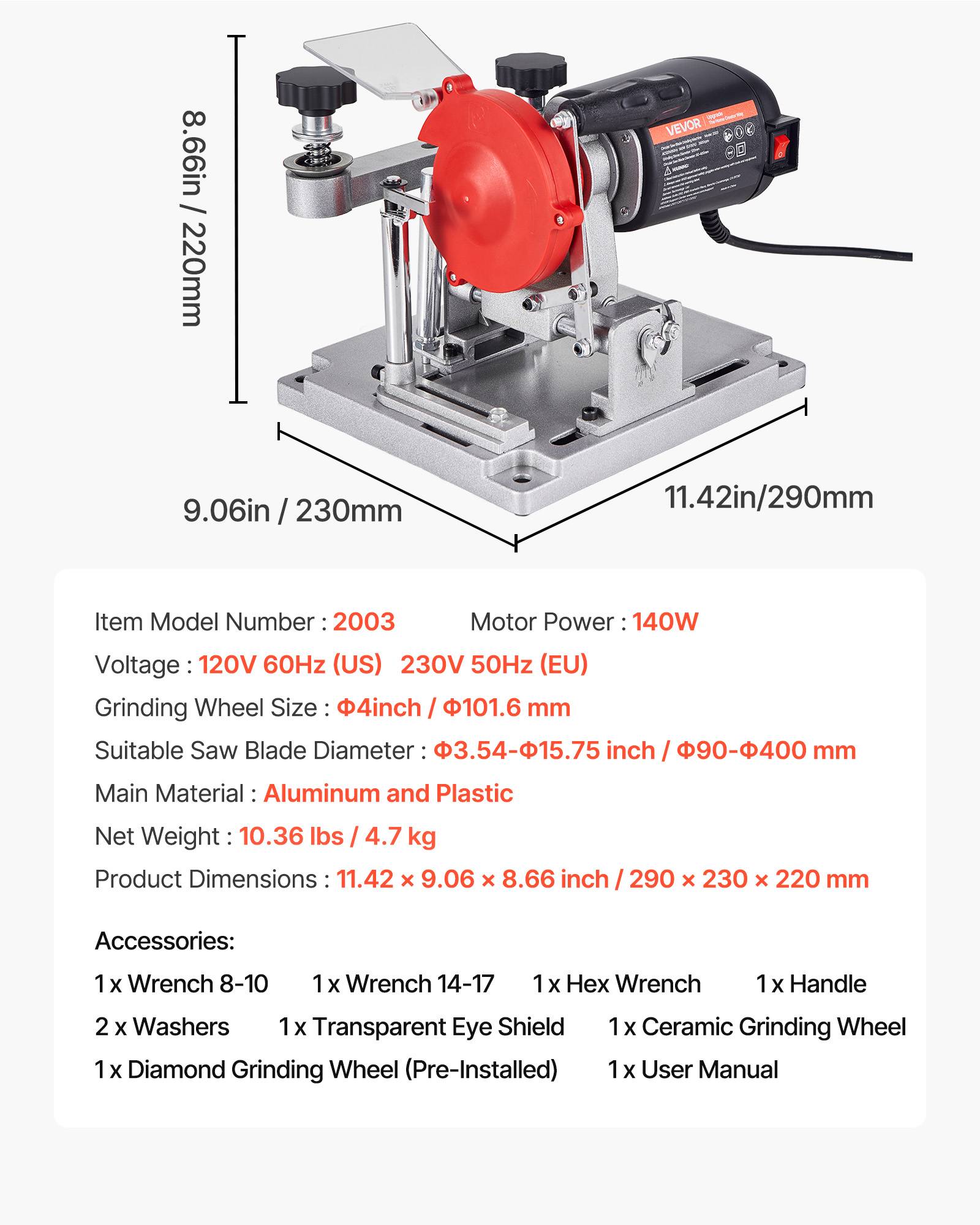 Vevor - VEVOR Affûteuse de lame de scie circulaire 90–400 mm, moteur 140 W, double meule céramique/diamant, meule inclinable ±25°. - Image 6