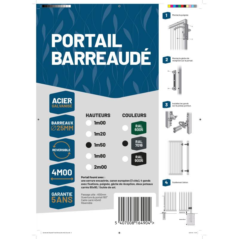 Portail barreaudé acier galvanisé passage 4m00 H 1m50 Gris anthracite - Easy Clôture - Image 4