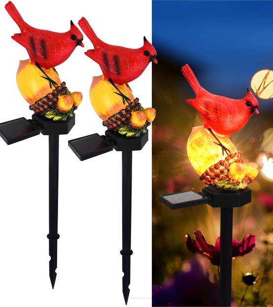Paquet de 2 lumières solaires cardinales de noël, lumières solaires de chemin de paysage avec Figurine d'oiseau rouge, décorations de noël - Image 1