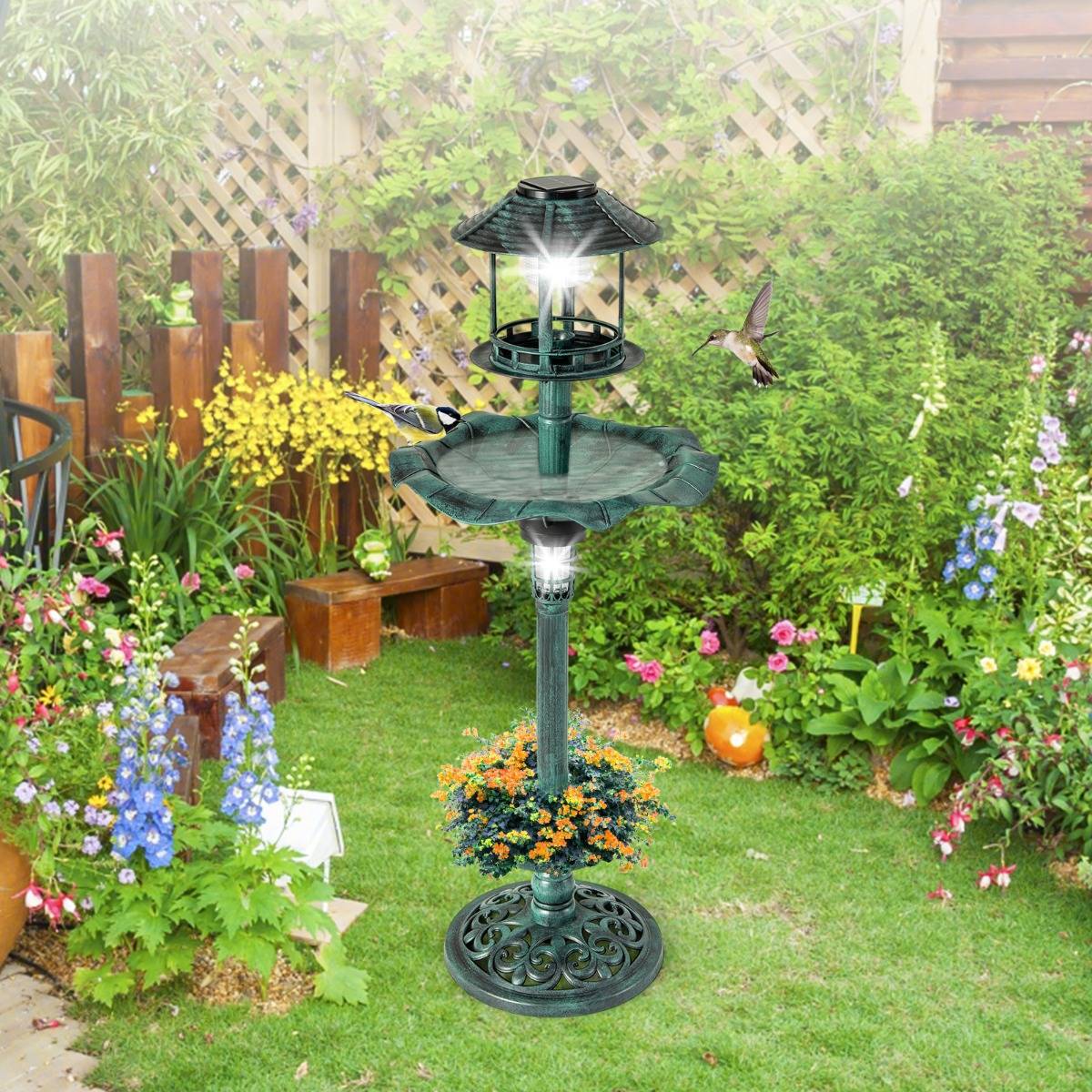 Bain d'Oiseaux Énergie Solaire Décoration d'Extérieur sur Pied Rétro Éclairé avec 2 Lampes Jardinière de Fleurs Mangeoire Abreuvoir F60R - Image 2