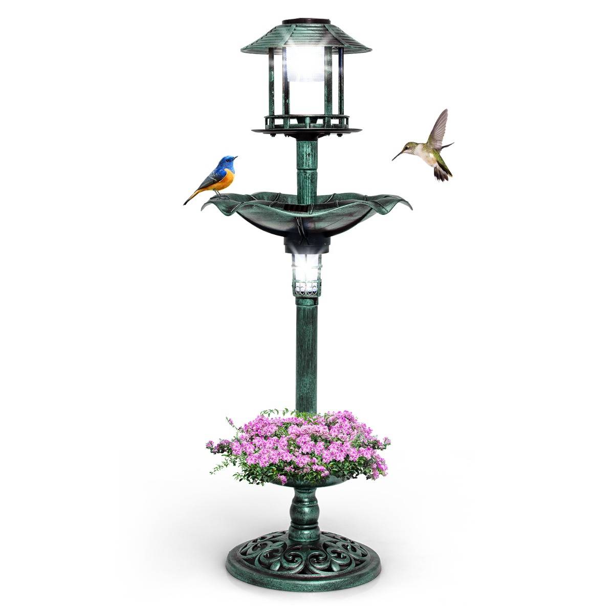 Bain d'Oiseaux Énergie Solaire Décoration d'Extérieur sur Pied Rétro Éclairé avec 2 Lampes Jardinière de Fleurs Mangeoire Abreuvoir F60R - Image 3
