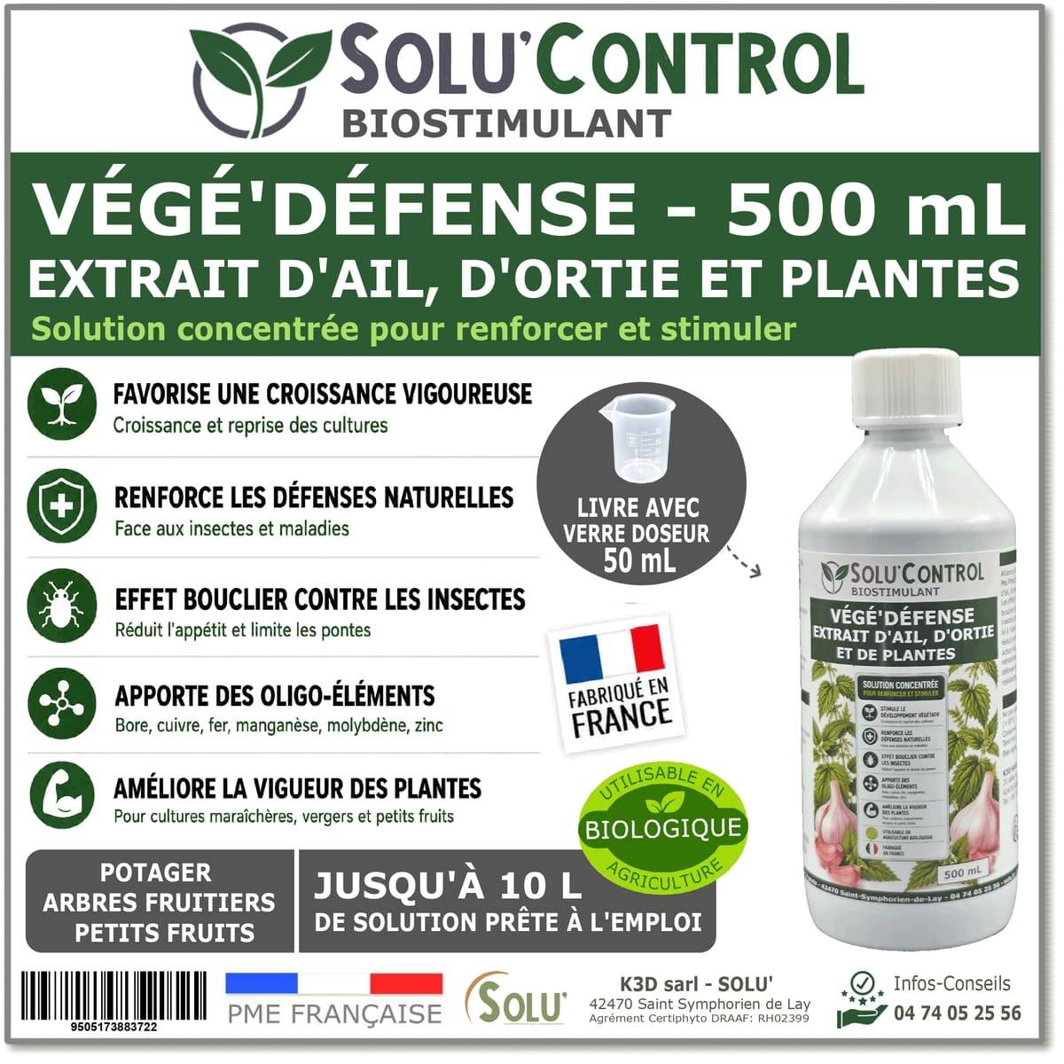 Tout pour les nuisibles - Biostimulant Concentré à l'Extrait d'Ail, d'Ortie et de Plantes Solu'Control Vége'Défense – 500 ml – Renforce les Défenses Naturelles des Plantes - Image 1