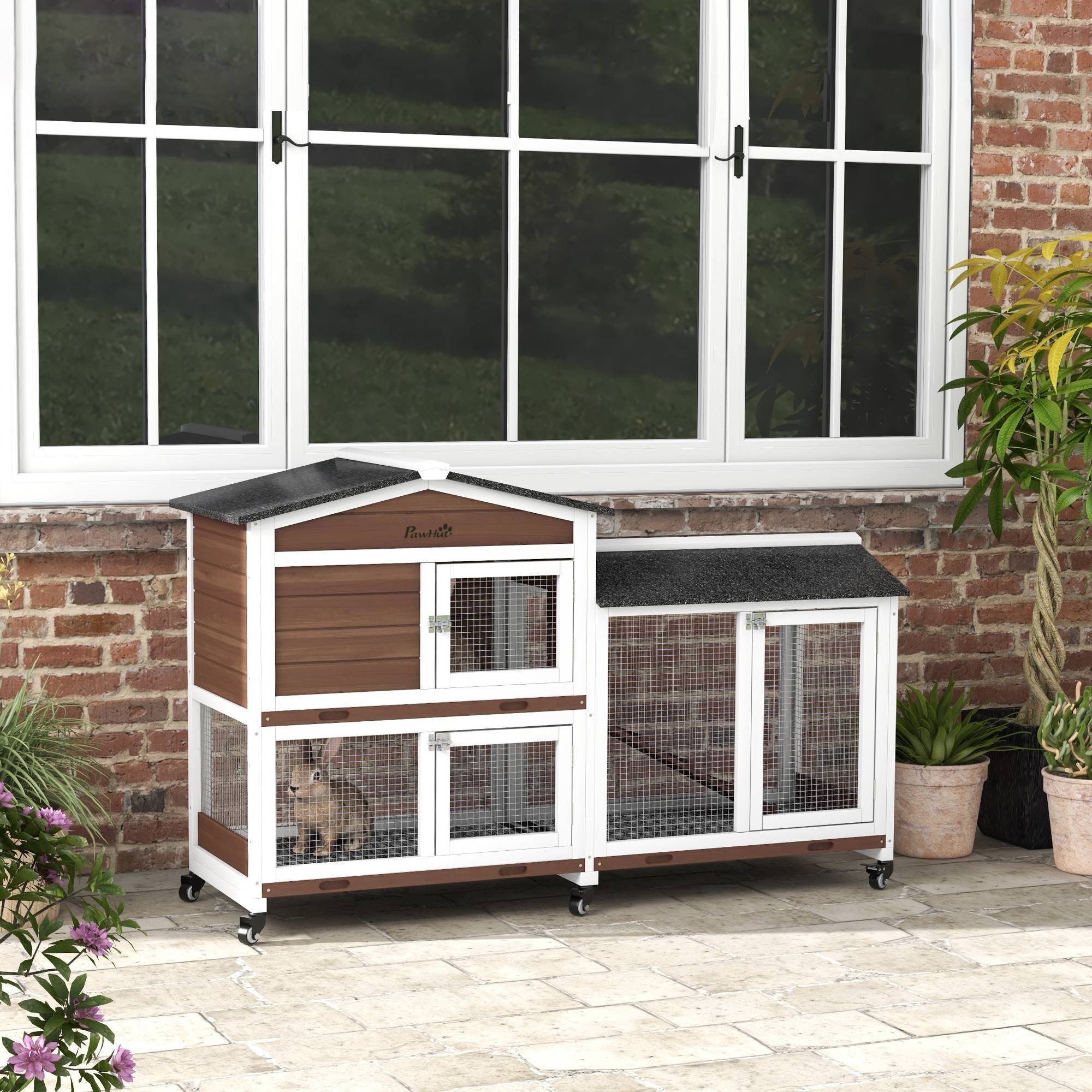 Cage petits animaux avec roues, lapins nains, enclos, toit bitume, bois, acier, brun - Image 3
