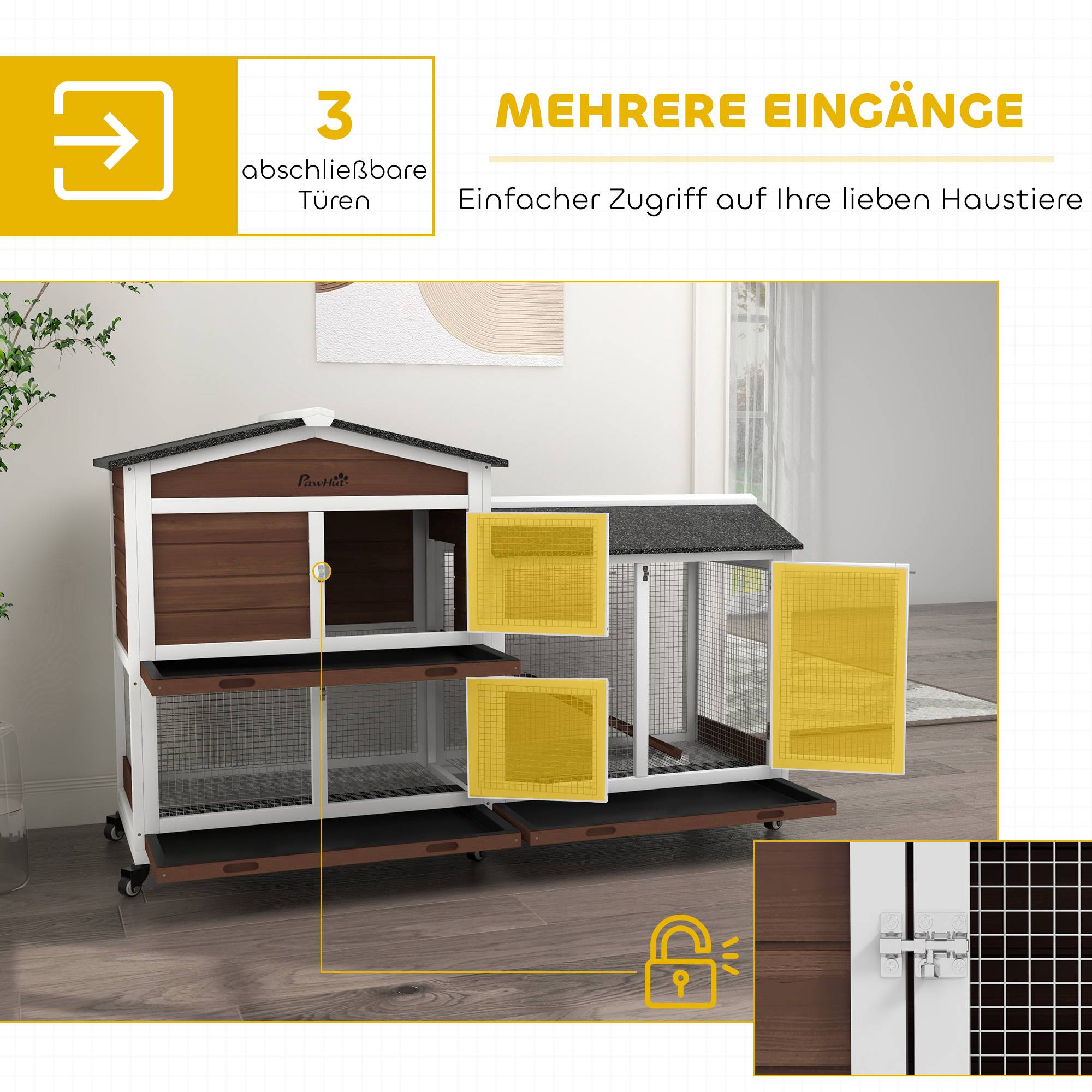 Cage petits animaux avec roues, lapins nains, enclos, toit bitume, bois, acier, brun - Image 10