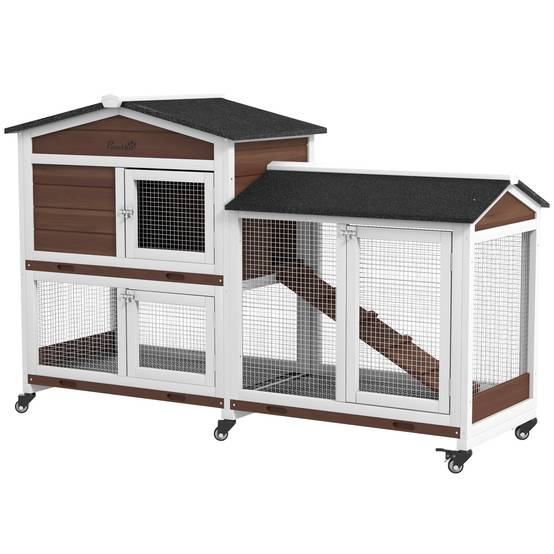 Cage petits animaux avec roues, lapins nains, enclos, toit bitume, bois, acier, brun - Image 2