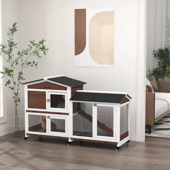 Cage petits animaux avec roues, lapins nains, enclos, toit bitume, bois, acier, brun - Image 4