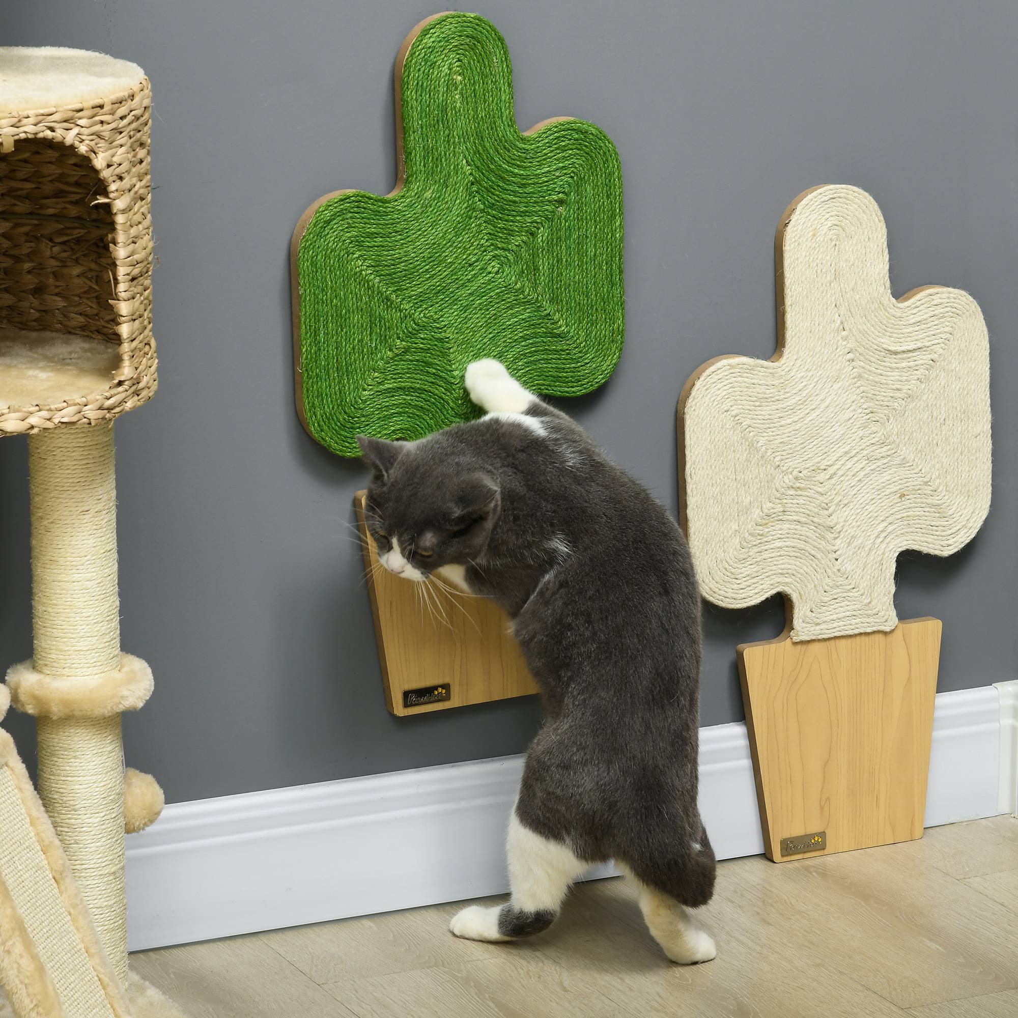 Lot de 2 griffoirs muraux chat en jute naturelle intérieur design cactus 30x60cm vert - ComfortXL Outdoor Living - Image 4
