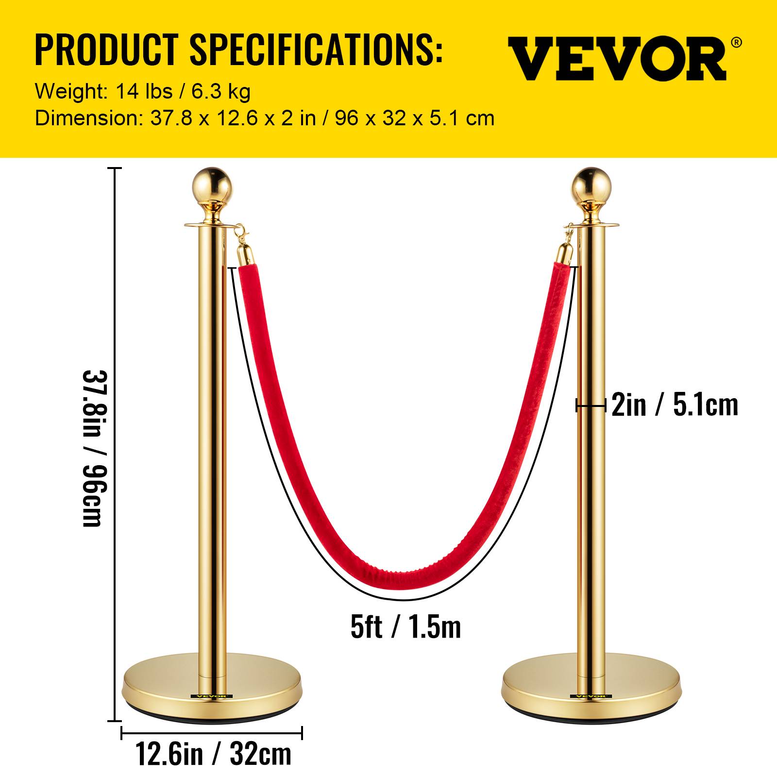 Vevor - VEVOR 4 poteaux de guidage avec cordons velours, hauteur 96cm, pour contrôle des foules et files d'attente. - Image 7