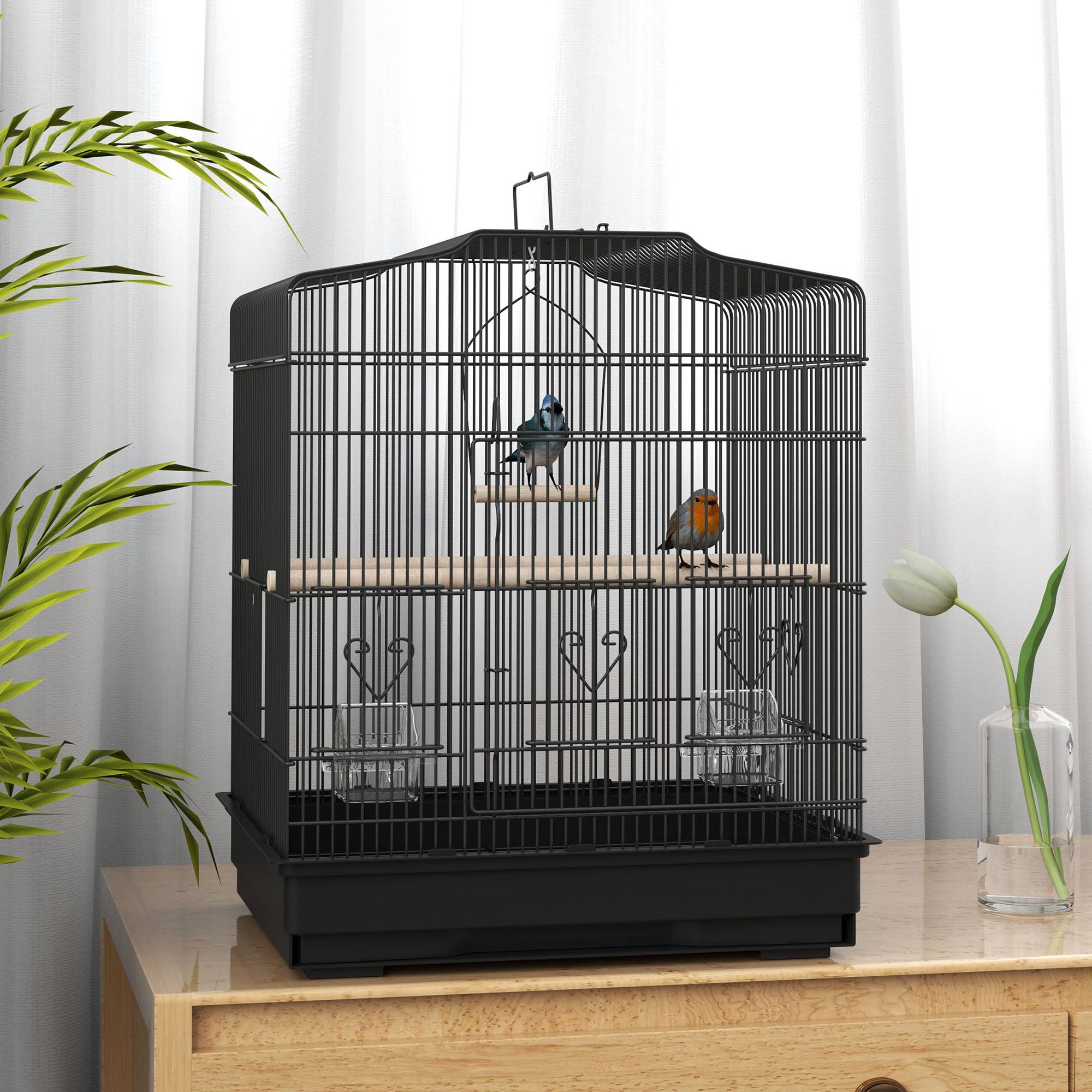 Sans Marque - Cage à oiseaux 46,5 x 36 x 59 cm avec 2 mangeoires, 2 perchoirs, une balançoire, un plateau amovible et une structure en acier noir. - Image 4