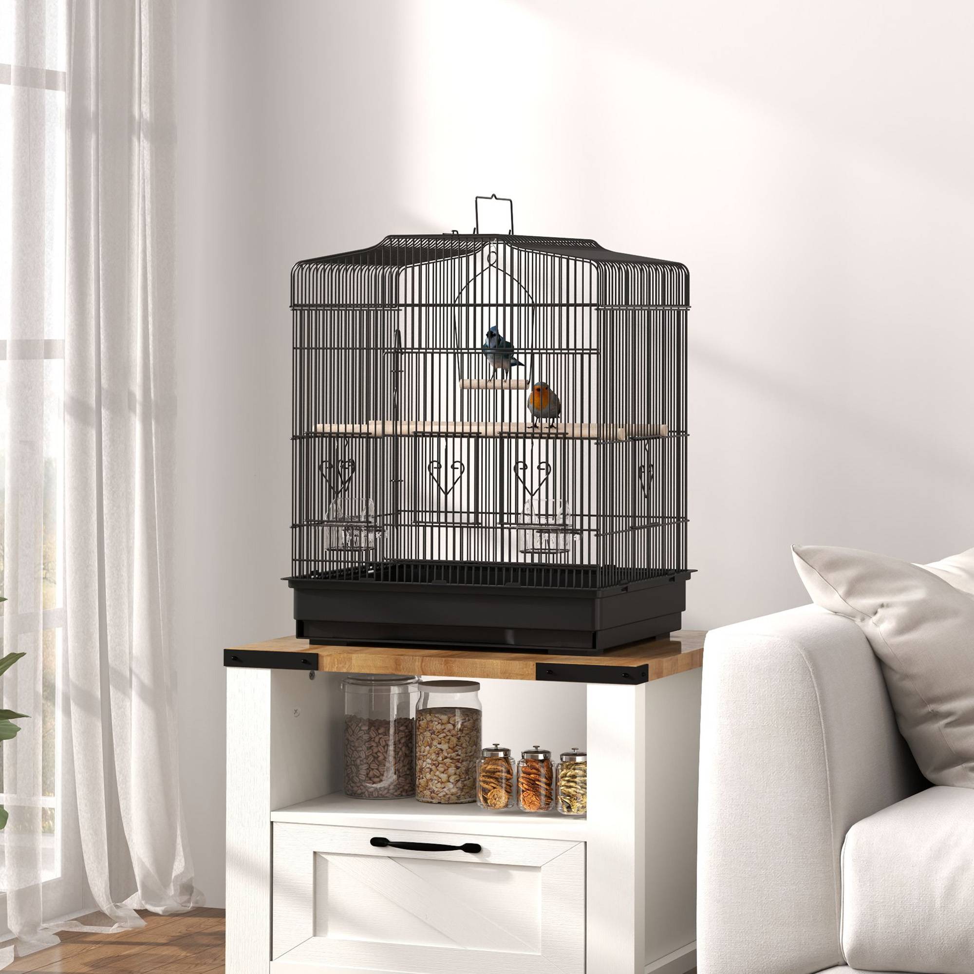 Sans Marque - Cage à oiseaux 46,5 x 36 x 59 cm avec 2 mangeoires, 2 perchoirs, une balançoire, un plateau amovible et une structure en acier noir. - Image 3