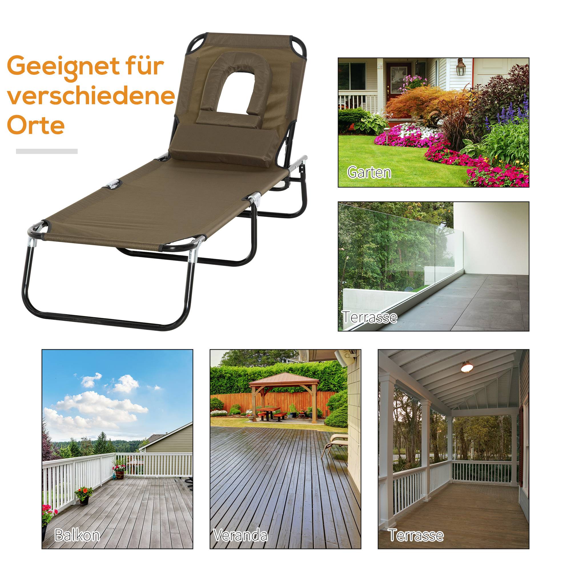 Transat pliant marron avec appui-tête, dossier 4 positions, ouverture visage, acier, 120 kg, jardin balcon piscine - Image 7