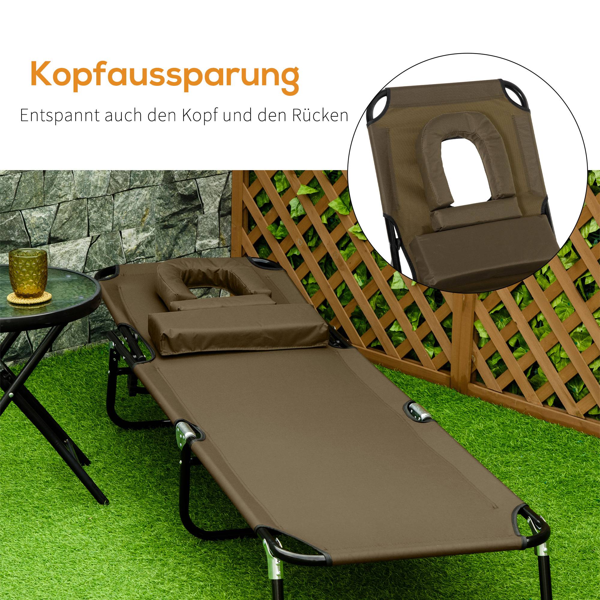 Transat pliant marron avec appui-tête, dossier 4 positions, ouverture visage, acier, 120 kg, jardin balcon piscine - Image 9