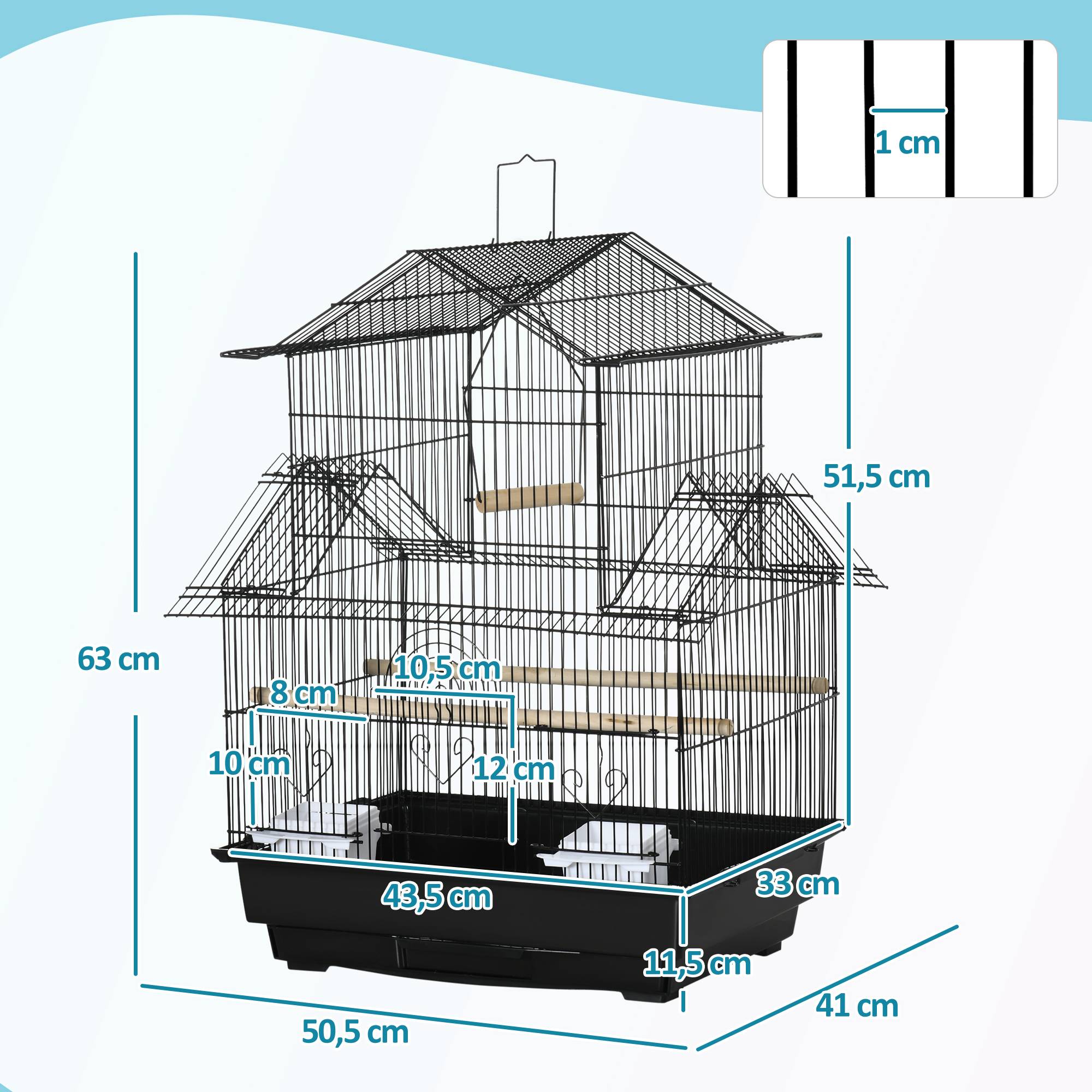 Sans Marque - Cage à oiseaux design maison mangeoires perchoirs 3 portes plateau excrément amovible + poignée transport 50,5 x 41 x 63 cm noir - Image 5