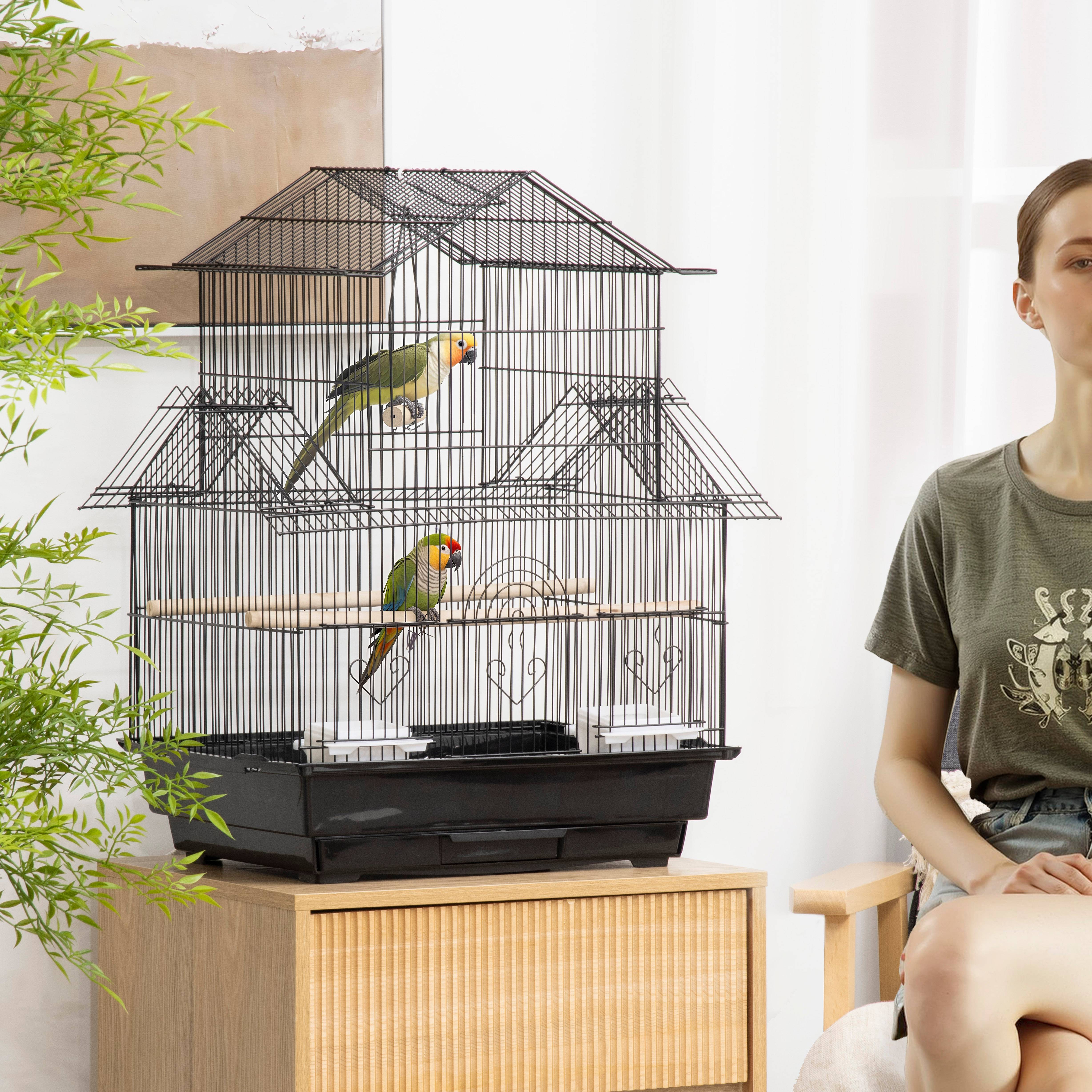 Sans Marque - Cage à oiseaux design maison mangeoires perchoirs 3 portes plateau excrément amovible + poignée transport 50,5 x 41 x 63 cm noir - Image 3