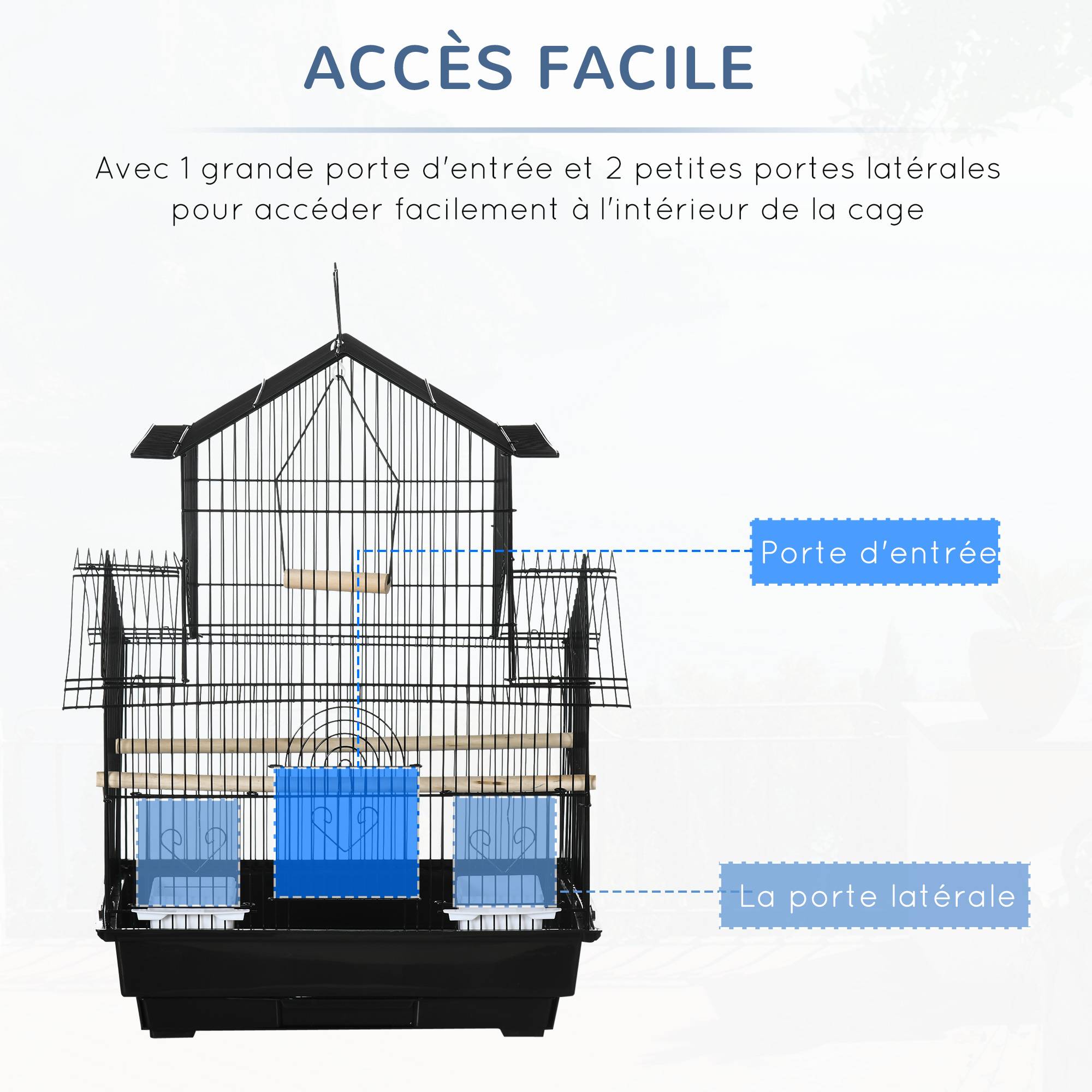 Sans Marque - Cage à oiseaux design maison mangeoires perchoirs 3 portes plateau excrément amovible + poignée transport 50,5 x 41 x 63 cm noir - Image 8