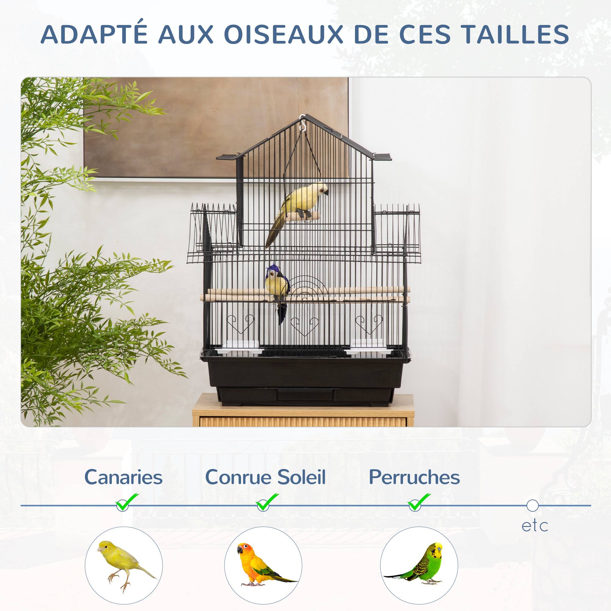 Sans Marque - Cage à oiseaux design maison mangeoires perchoirs 3 portes plateau excrément amovible + poignée transport 50,5 x 41 x 63 cm noir - Image 9