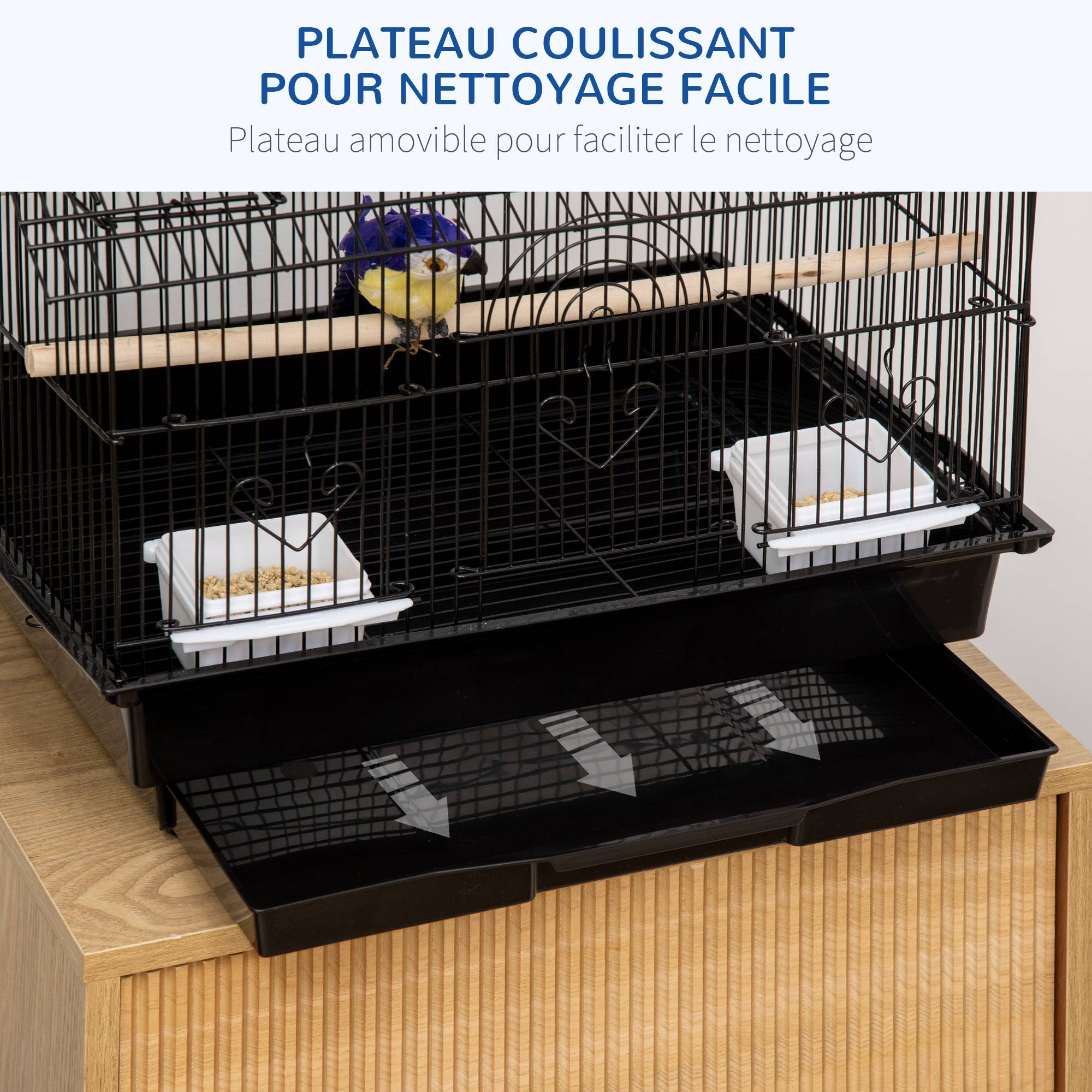 Sans Marque - Cage à oiseaux design maison mangeoires perchoirs 3 portes plateau excrément amovible + poignée transport 50,5 x 41 x 63 cm noir - Image 7