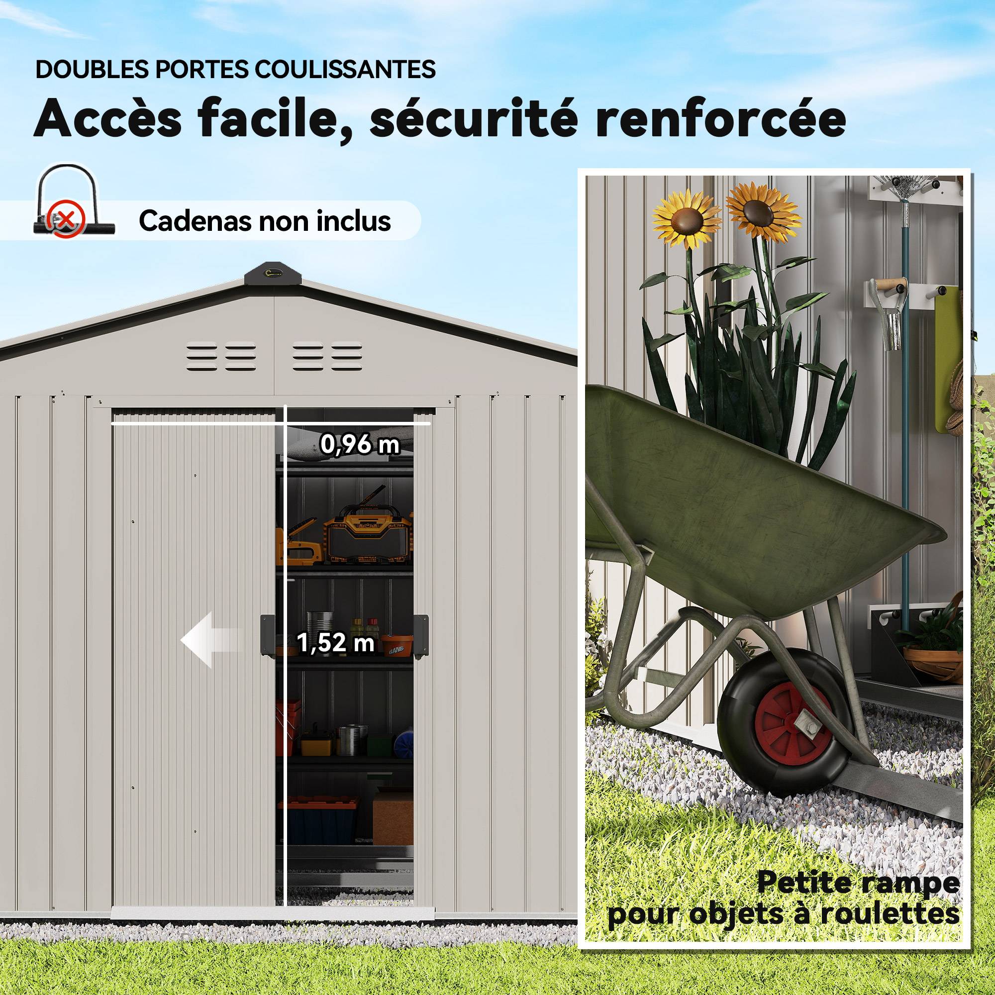Abri de jardin 5,4 m² dim. 2,77 x 1,95 x 1,92 m fondation incluse porte coulissante ventilations tôle acier, anthracite - Image 8