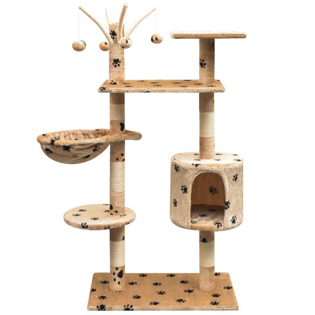 Helloshop26 - Arbre à chat griffoir grattoir niche jouet animaux peluché et sisal 125 cm empreintes de pattes beige - Image 1