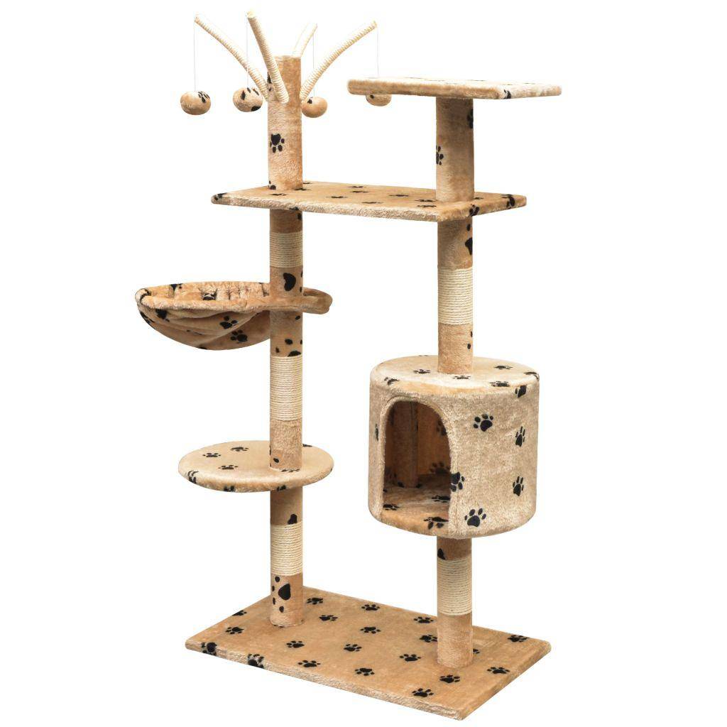 Helloshop26 - Arbre à chat griffoir grattoir niche jouet animaux peluché et sisal 125 cm empreintes de pattes beige - Image 2