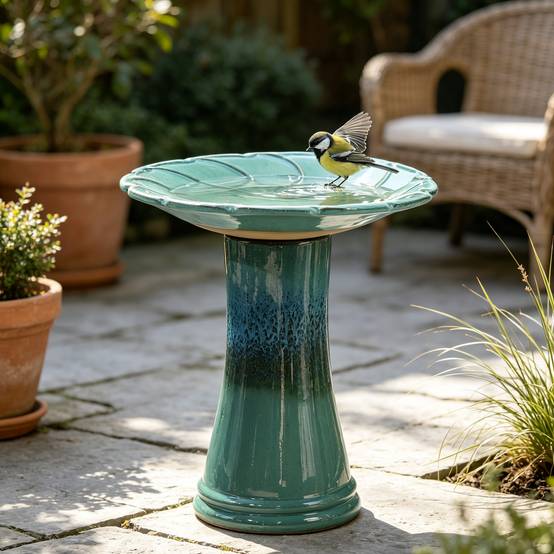 ComfortXL - Bain d’oiseaux en grès Ø 43 x H 45 cm turquoise pour jardin terrasse abreuvoir décoratif - ComfortXL Outdoor Living - Image 1