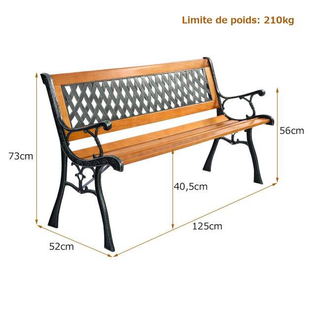 Helloshop26 - Banc de jardin avec bandes en bois pieds en fer dossier ergonomique et accoudoirs incurvés pour parc cour charge max 208 kg - Image 4