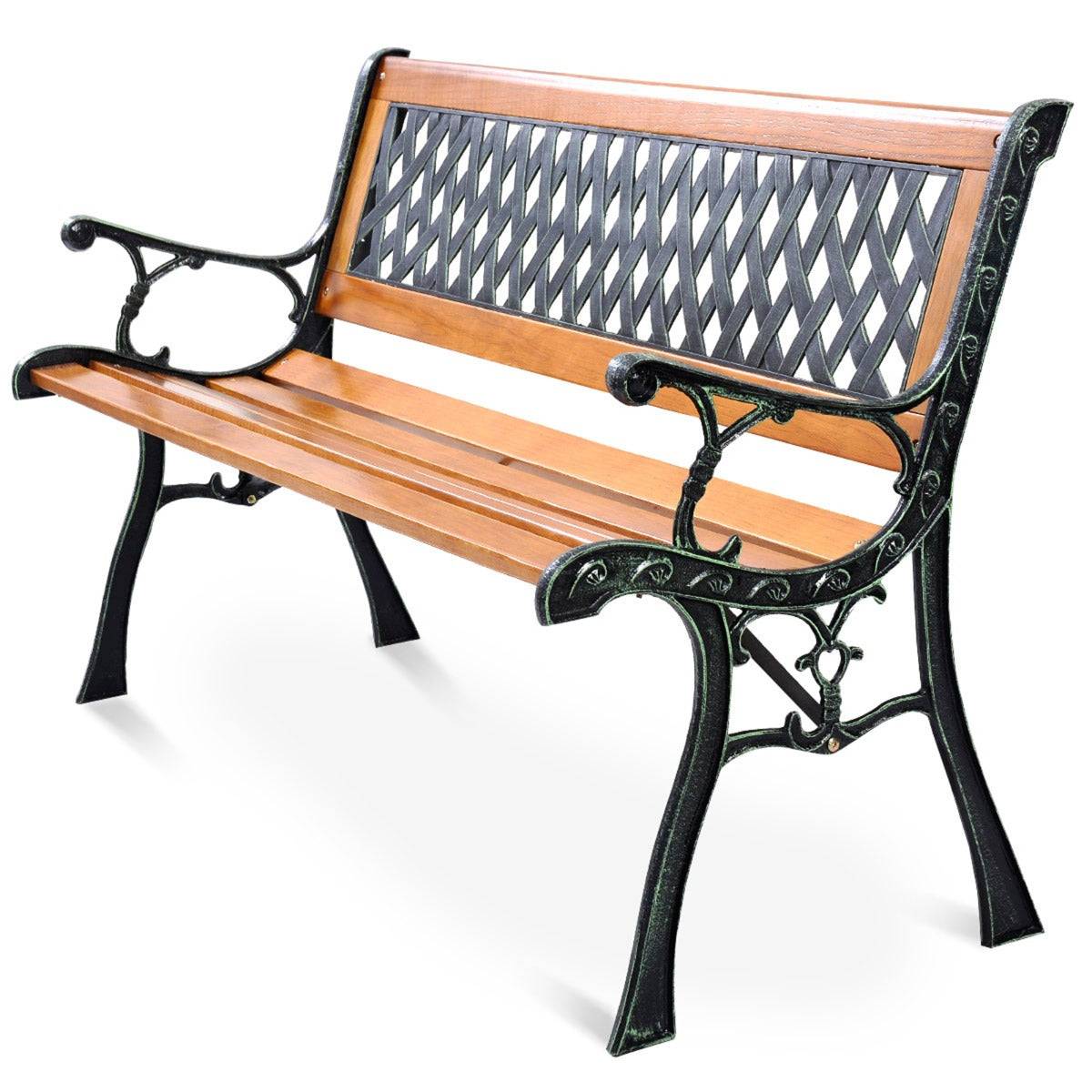 Helloshop26 - Banc de jardin avec bandes en bois pieds en fer dossier ergonomique et accoudoirs incurvés pour parc cour charge max 208 kg - Image 1