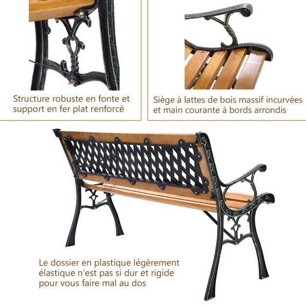 Helloshop26 - Banc de jardin avec bandes en bois pieds en fer dossier ergonomique et accoudoirs incurvés pour parc cour charge max 208 kg - Image 2