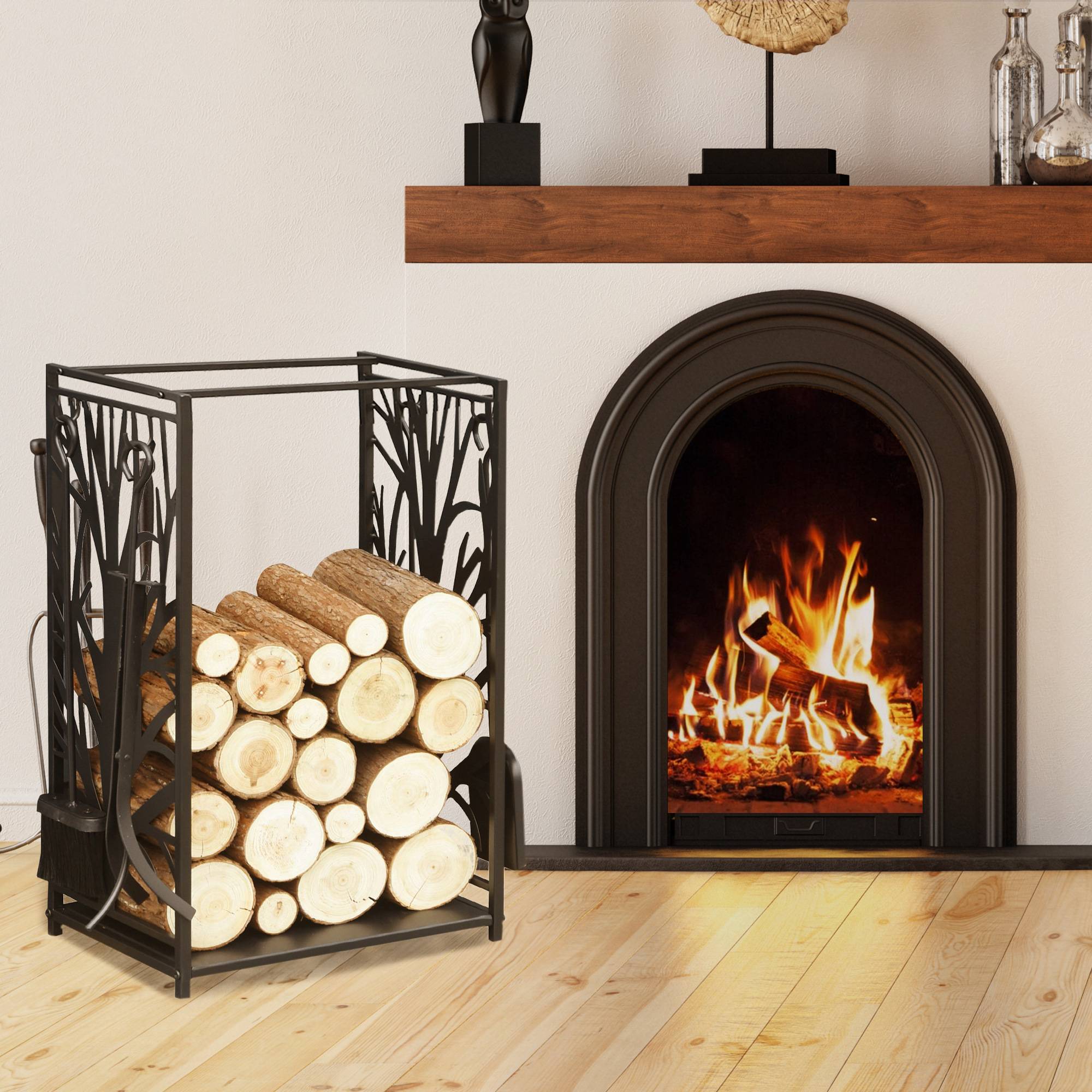 Porte bûches - Range bûches Serviteur de cheminée Arbre - Multi Accessoires étagère 46L x 29l x 70H cm Acier Noir - Image 3