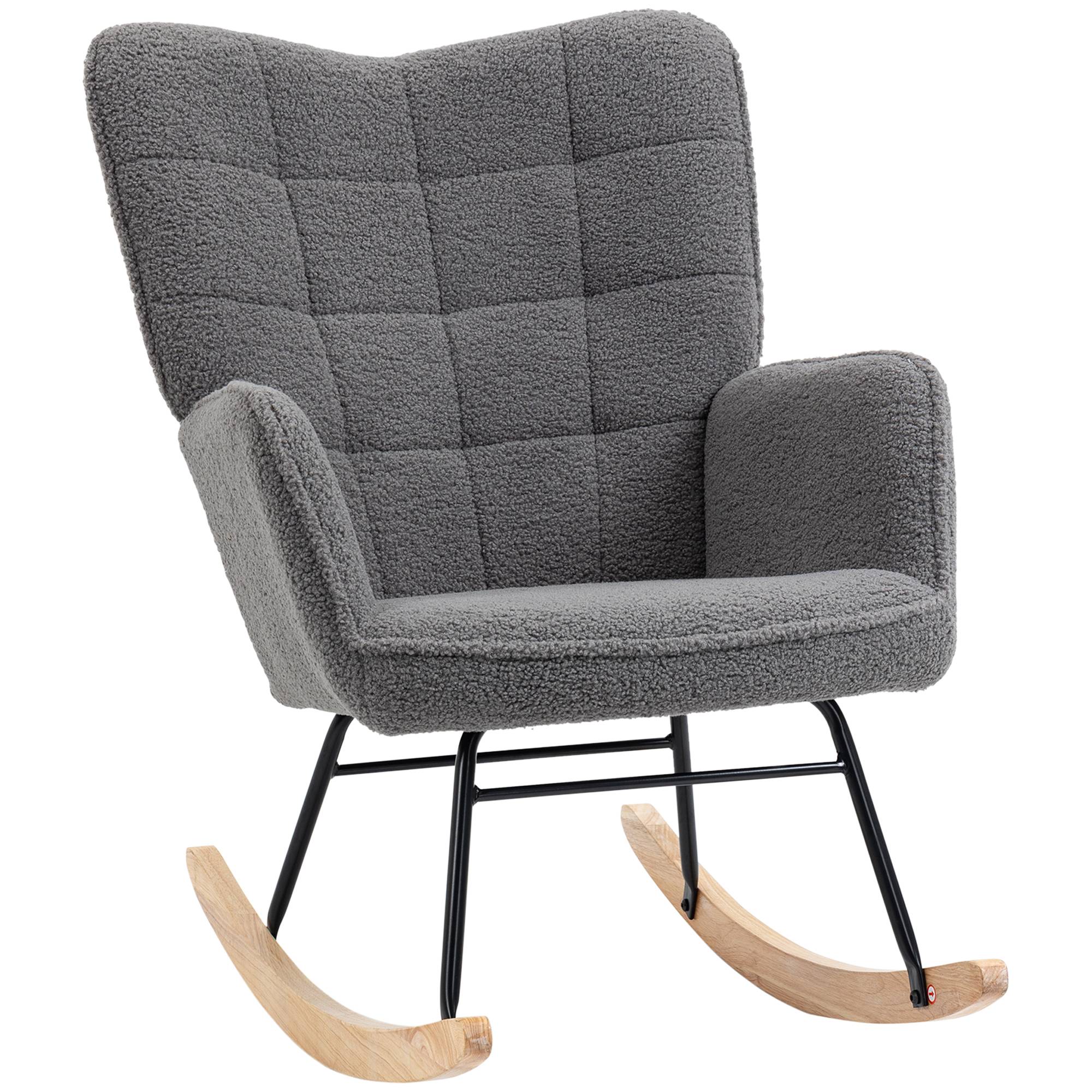 Sans Marque - Fauteuil à bascule rocking chair revêtement effet laine bouclée, structure en acier 71 x 98 x 101 cm Gris foncé - Image 1