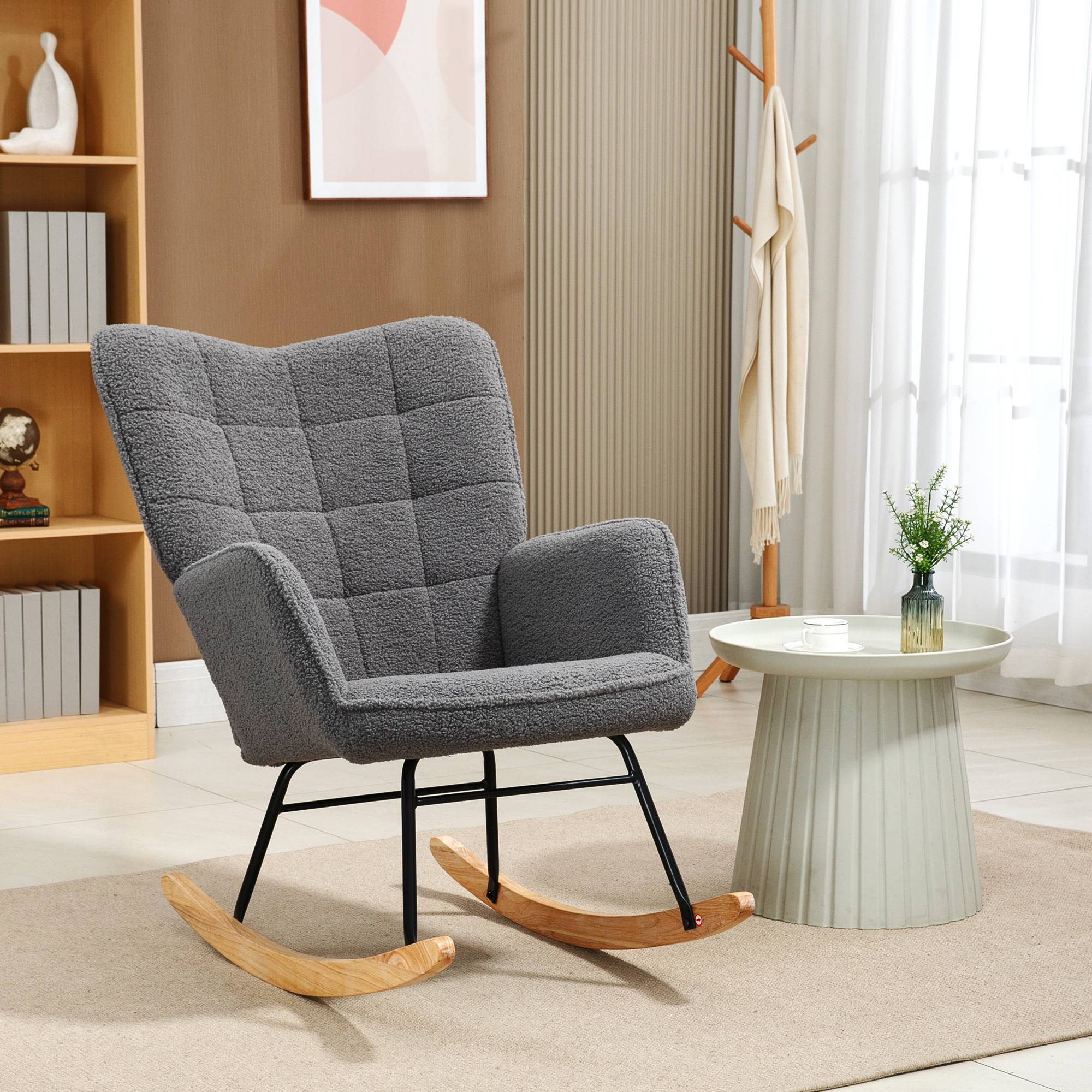 Sans Marque - Fauteuil à bascule rocking chair revêtement effet laine bouclée, structure en acier 71 x 98 x 101 cm Gris foncé - Image 3