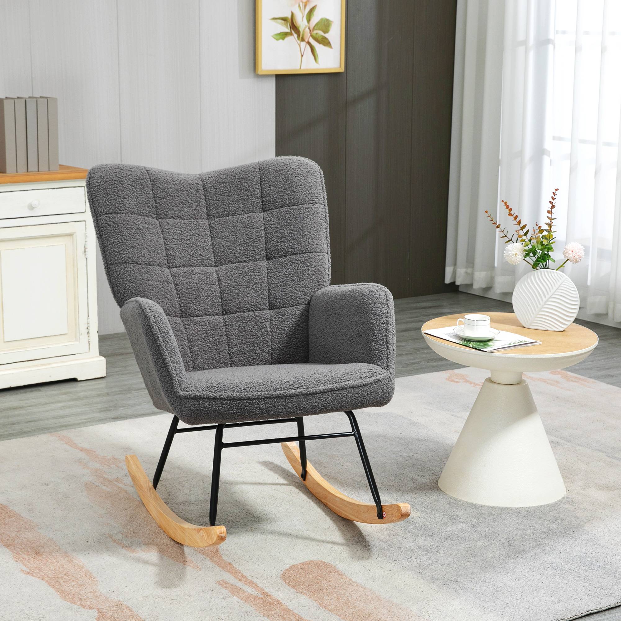 Sans Marque - Fauteuil à bascule rocking chair revêtement effet laine bouclée, structure en acier 71 x 98 x 101 cm Gris foncé - Image 4