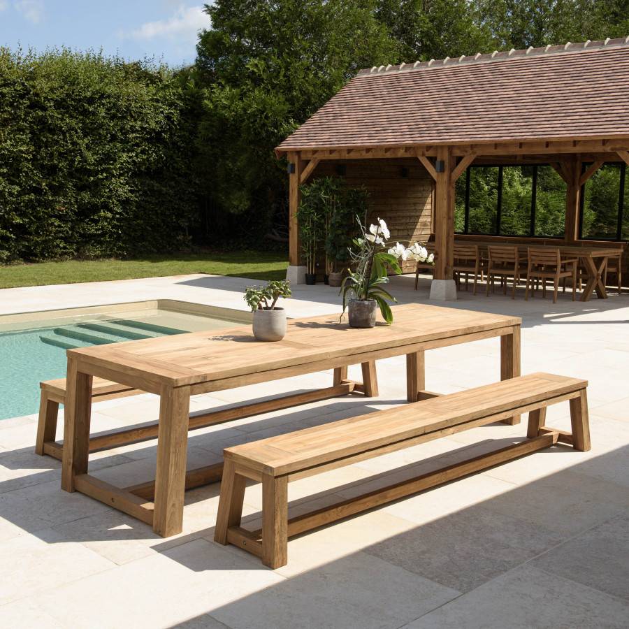 Macabane - KALLY - Salon de jardin 1 table et 2 bancs en teck recyclé - Image 2