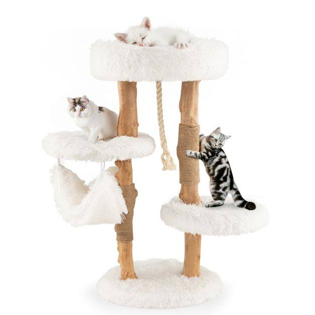 Helloshop26 - Arbre à chat en bois 87 cm avec hamac plusieurs plateformes tour à chat avec coussin moelleux corde en sisal suspendue blanc - Image 2