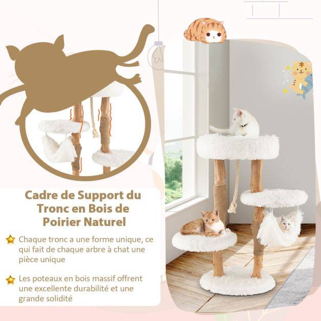 Helloshop26 - Arbre à chat en bois 87 cm avec hamac plusieurs plateformes tour à chat avec coussin moelleux corde en sisal suspendue blanc - Image 4