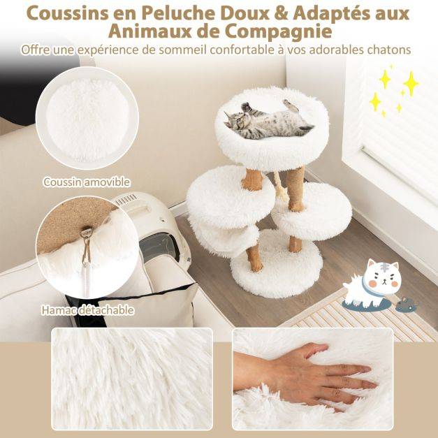 Helloshop26 - Arbre à chat en bois 87 cm avec hamac plusieurs plateformes tour à chat avec coussin moelleux corde en sisal suspendue blanc - Image 5