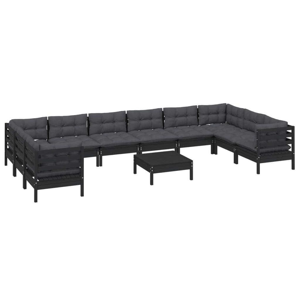 Helloshop26 - Salon de jardin meuble d'extérieur ensemble de mobilier 11 pièces avec coussins noir bois de pin - Image 1