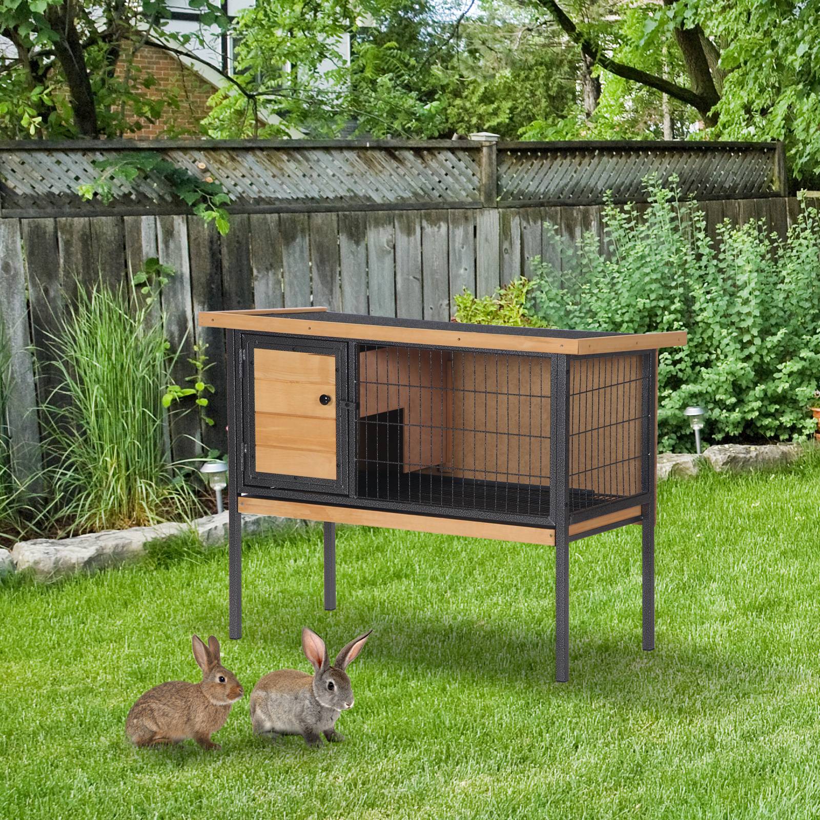 Cage à lapins en bois sur pieds, clapier pour rongeurs, cochons d'inde avec toit ouvrable - dim. 91,5L x 45l x 70H cm - Image 4