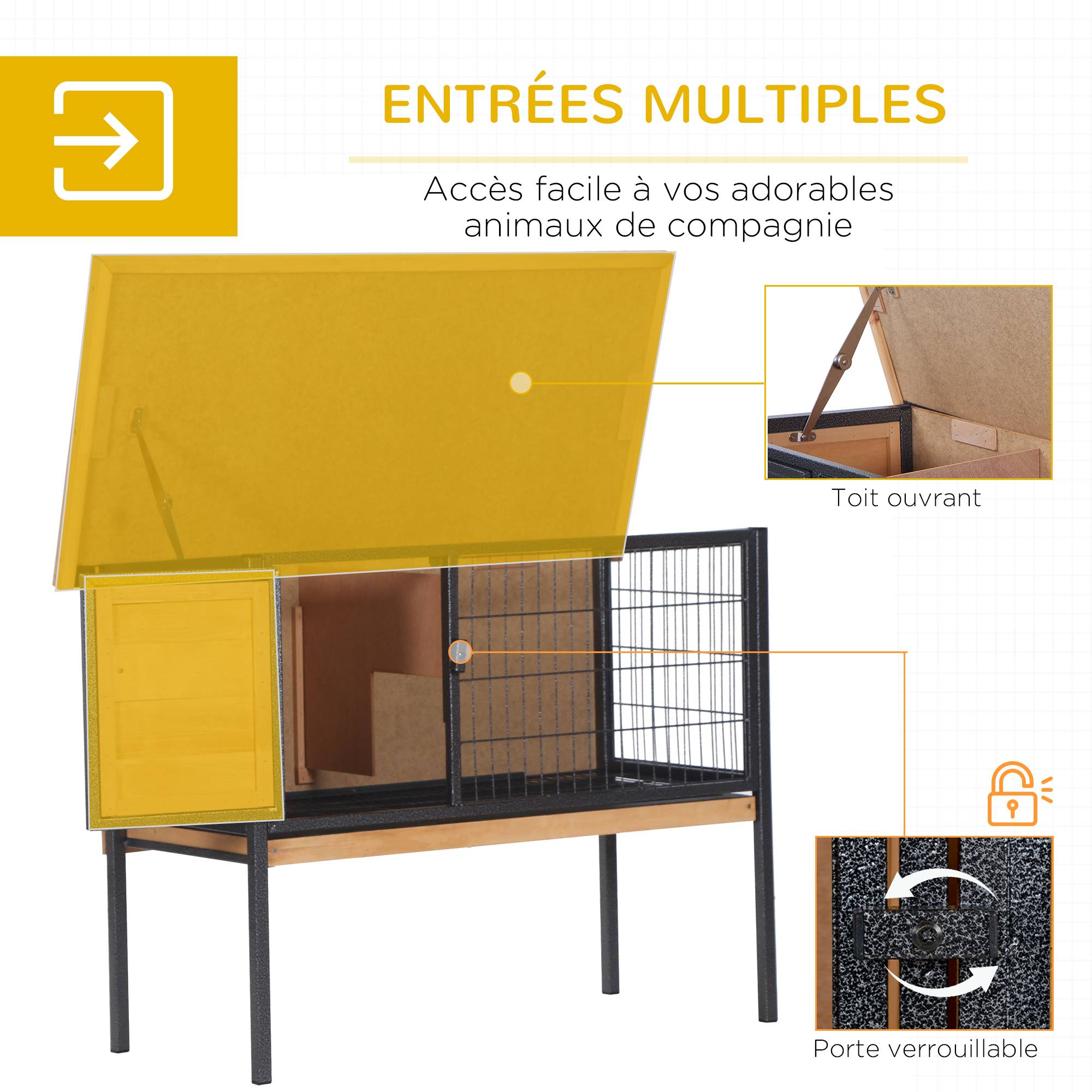 Cage à lapins en bois sur pieds, clapier pour rongeurs, cochons d'inde avec toit ouvrable - dim. 91,5L x 45l x 70H cm - Image 7