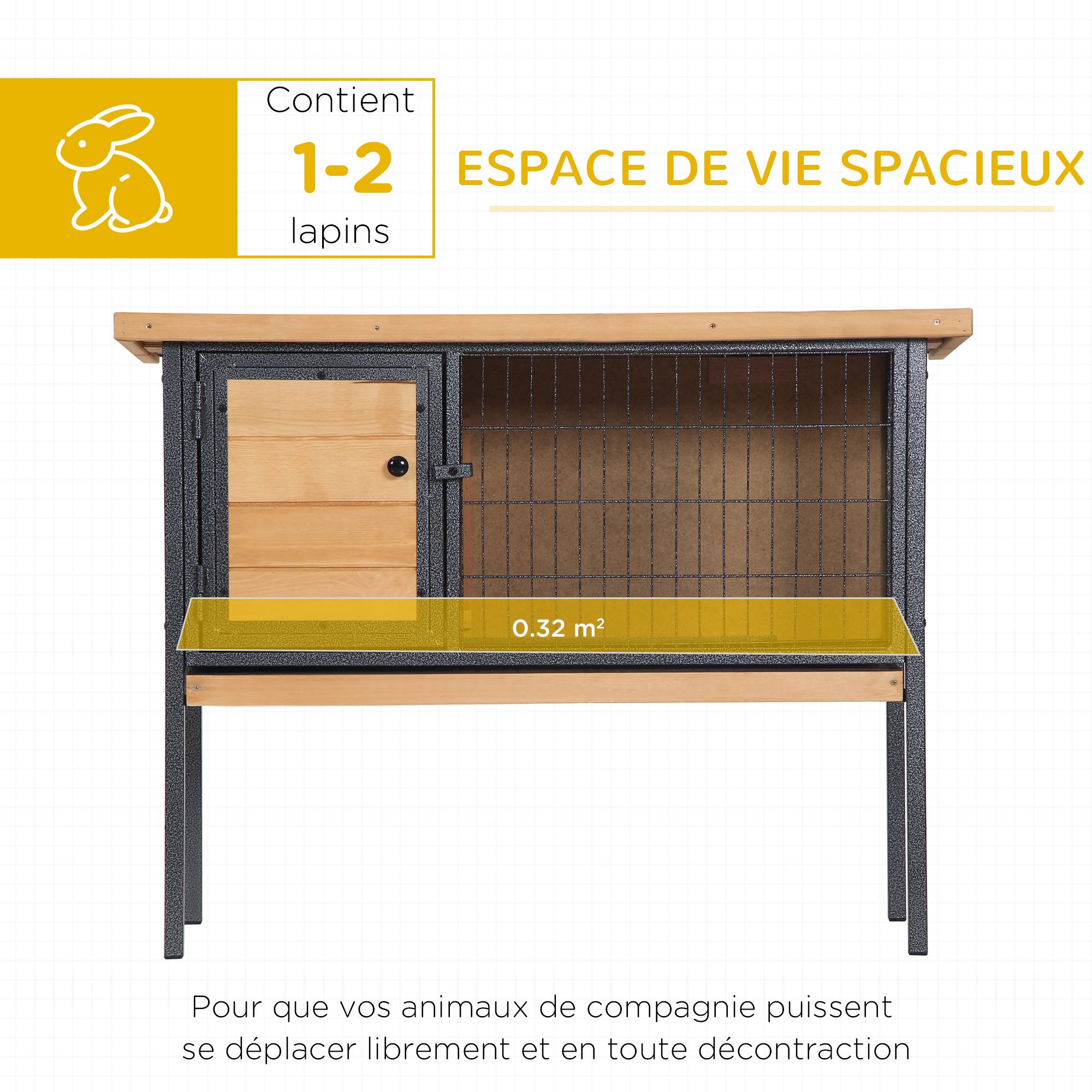 Cage à lapins en bois sur pieds, clapier pour rongeurs, cochons d'inde avec toit ouvrable - dim. 91,5L x 45l x 70H cm - Image 6