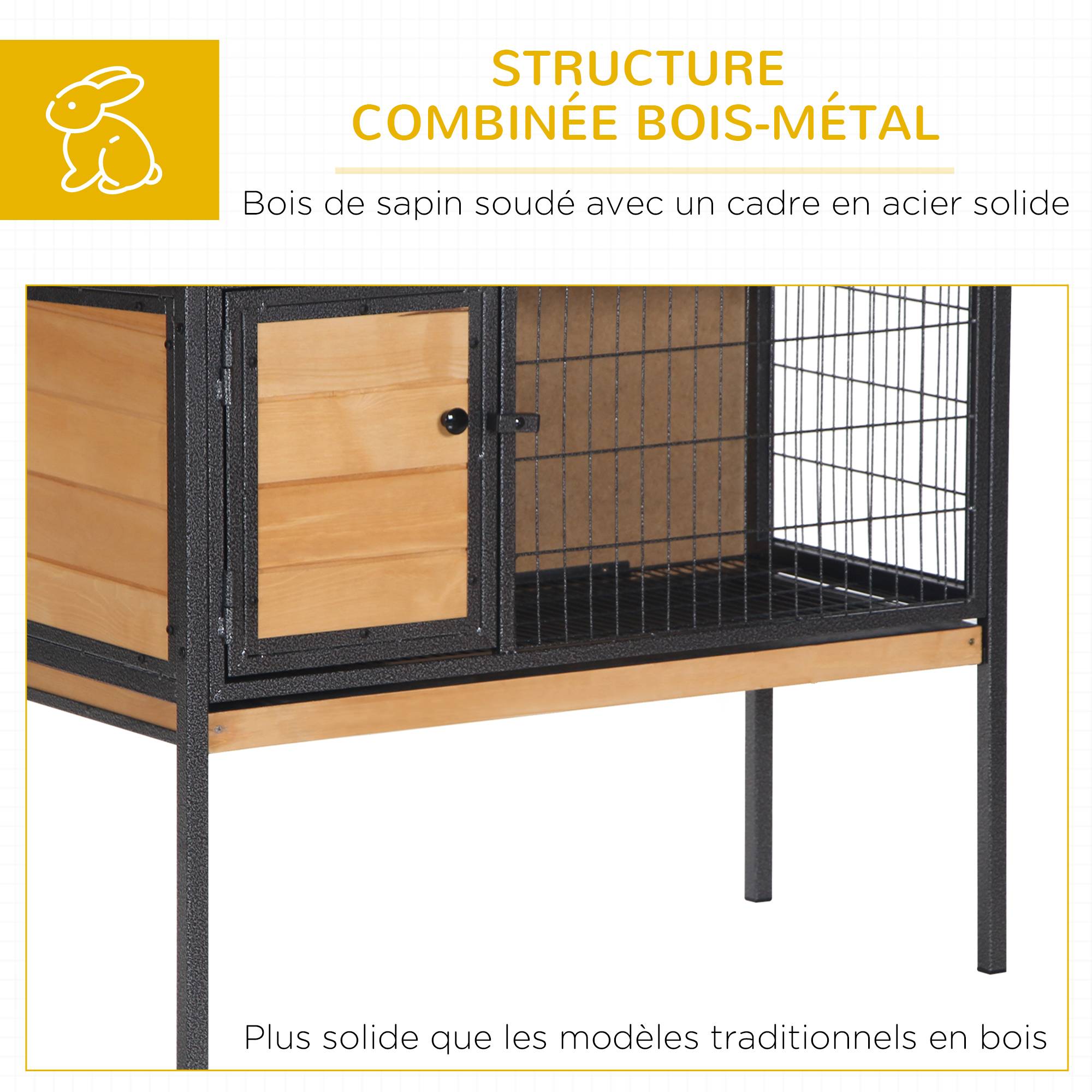 Cage à lapins en bois sur pieds, clapier pour rongeurs, cochons d'inde avec toit ouvrable - dim. 91,5L x 45l x 70H cm - Image 9