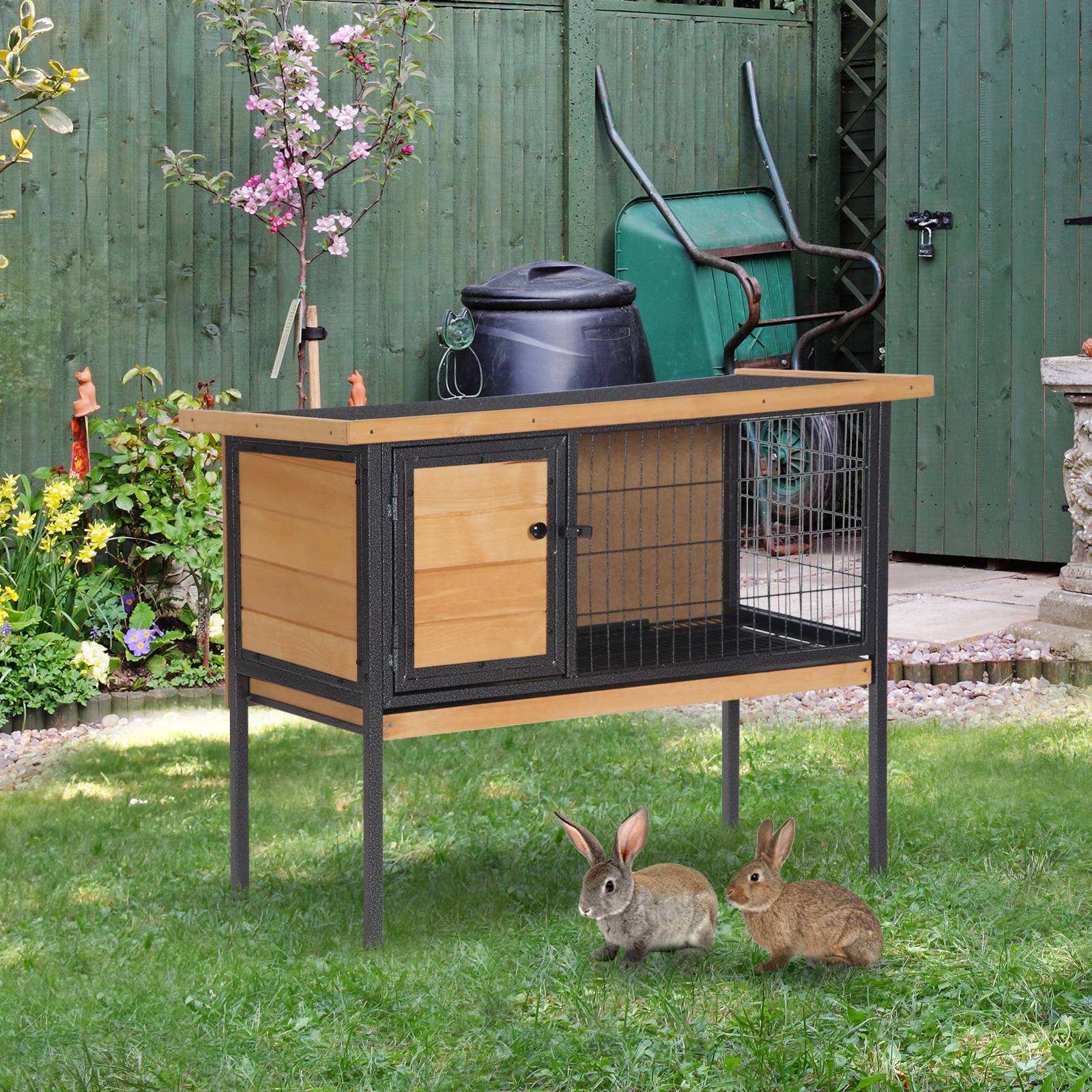Cage à lapins en bois sur pieds, clapier pour rongeurs, cochons d'inde avec toit ouvrable - dim. 91,5L x 45l x 70H cm - Image 3