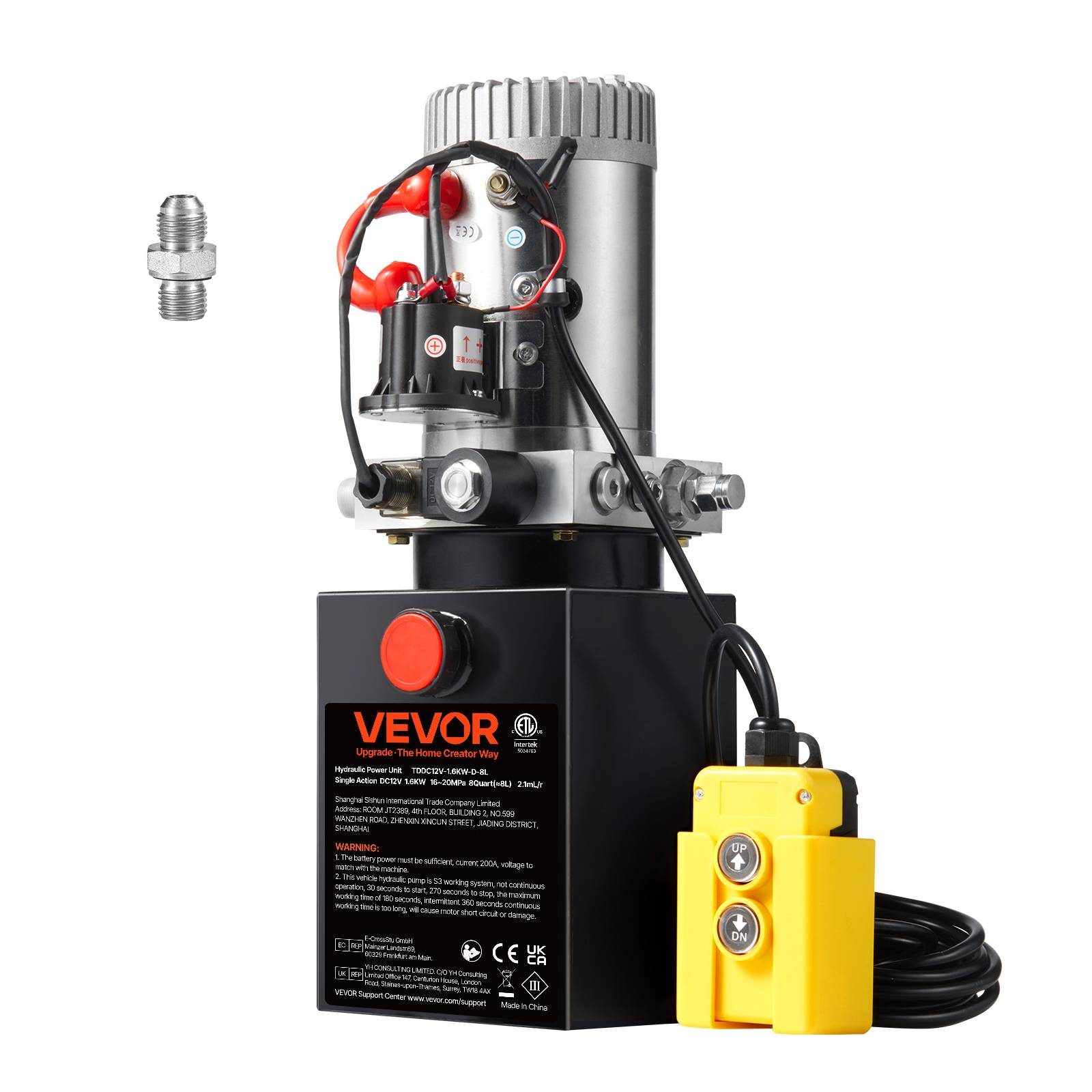 VEVOR Pompe hydraulique DC 12V 8L, débit 3.44 L/min, pression 22 MPa, pour camion benne, nacelle, remorque.