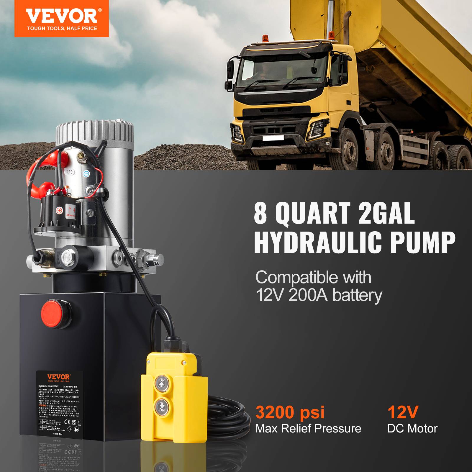 Vevor - VEVOR Pompe hydraulique DC 12V 8L, débit 3.44 L/min, pression 22 MPa, pour camion benne, nacelle, remorque. - Image 2