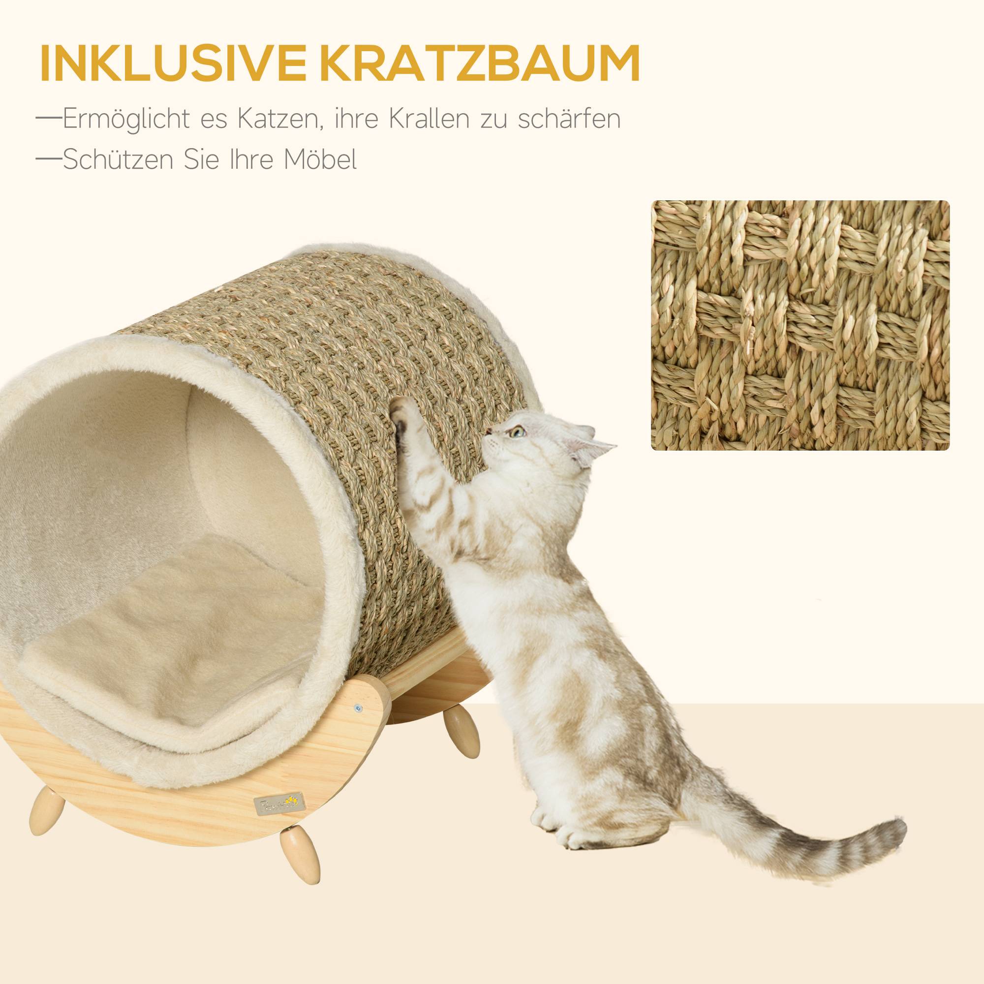 Sans Marque - Cabanne avec griffoir, coussin, 41x38x43 cm, Naturel+Beige - Image 6