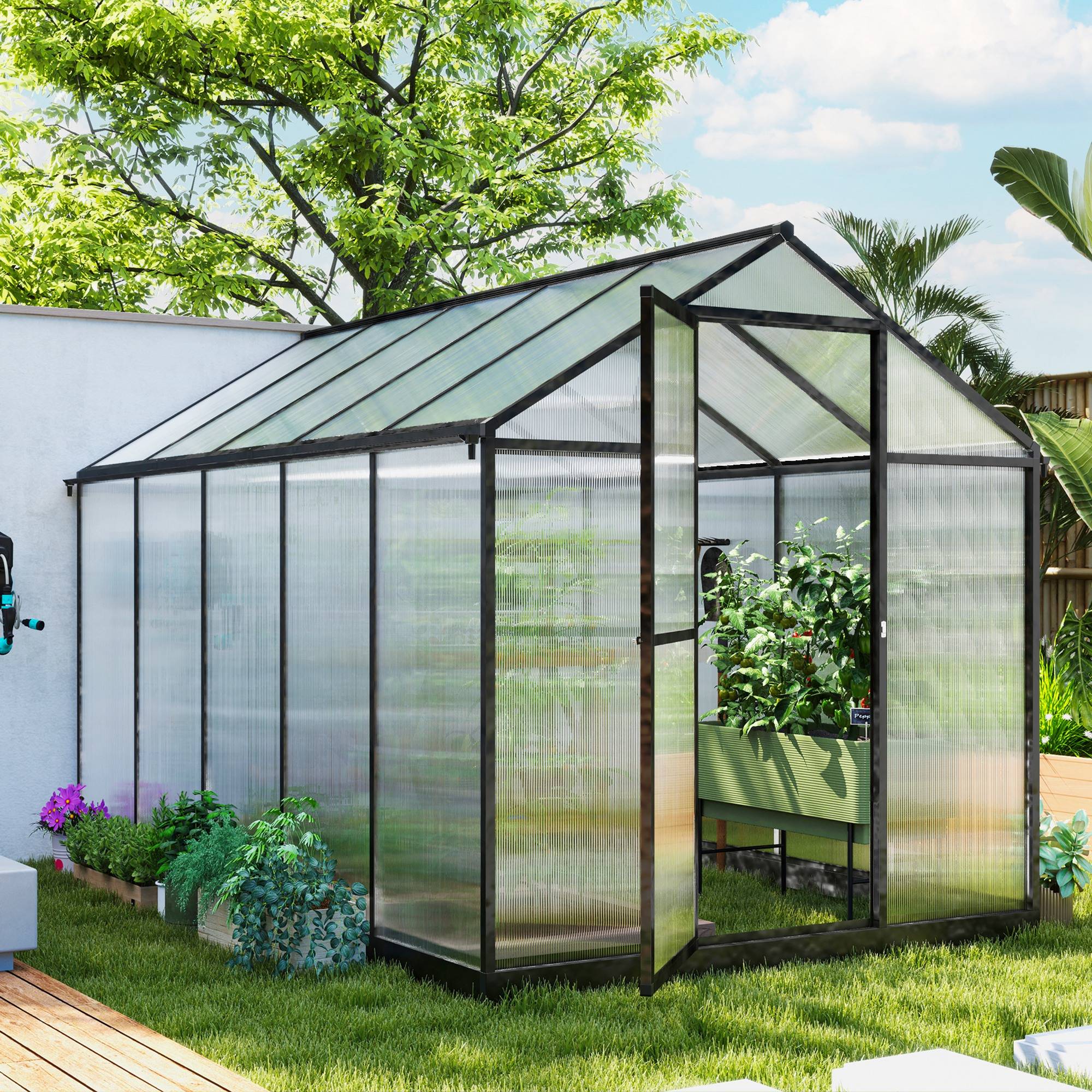 Serre de jardin polycarbonate aluminium extérieur protection hiver 303x183x195cm - ComfortXL Outdoor Living - Image 4