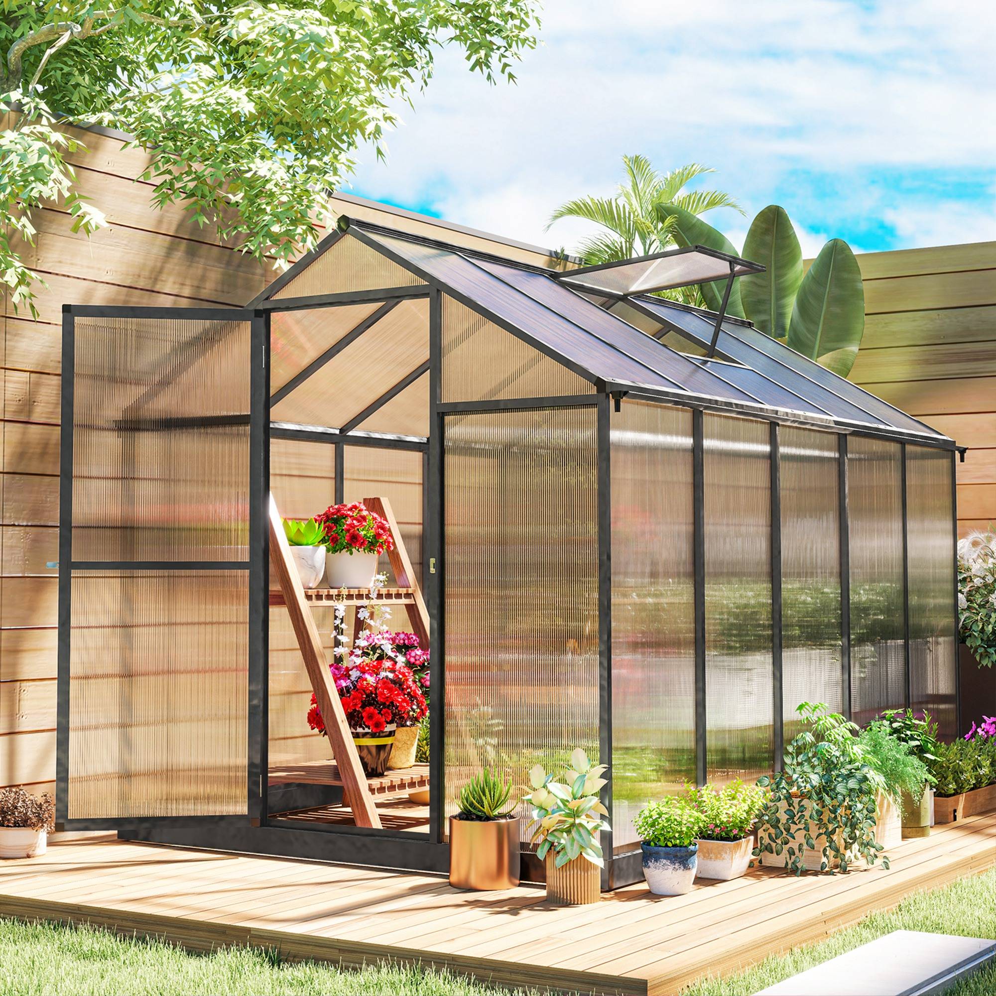 Serre de jardin polycarbonate aluminium extérieur protection hiver 303x183x195cm - ComfortXL Outdoor Living - Image 3